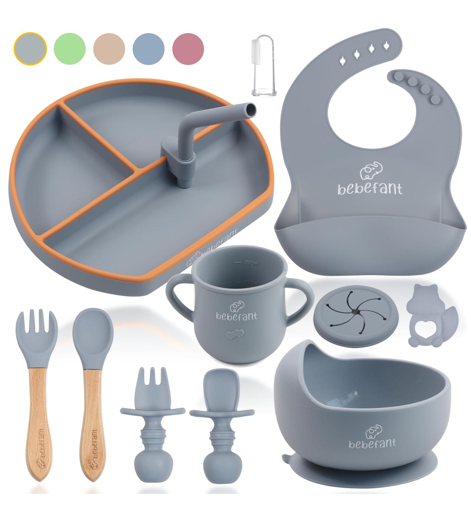 Bebefant Baby Weaning Set: Suction Bowl, Plate, Cup, Bib, Fork & Spoon for Baby Led Weaning - Grey & Orange - Large Set - Buy Online on SooperMarket.com