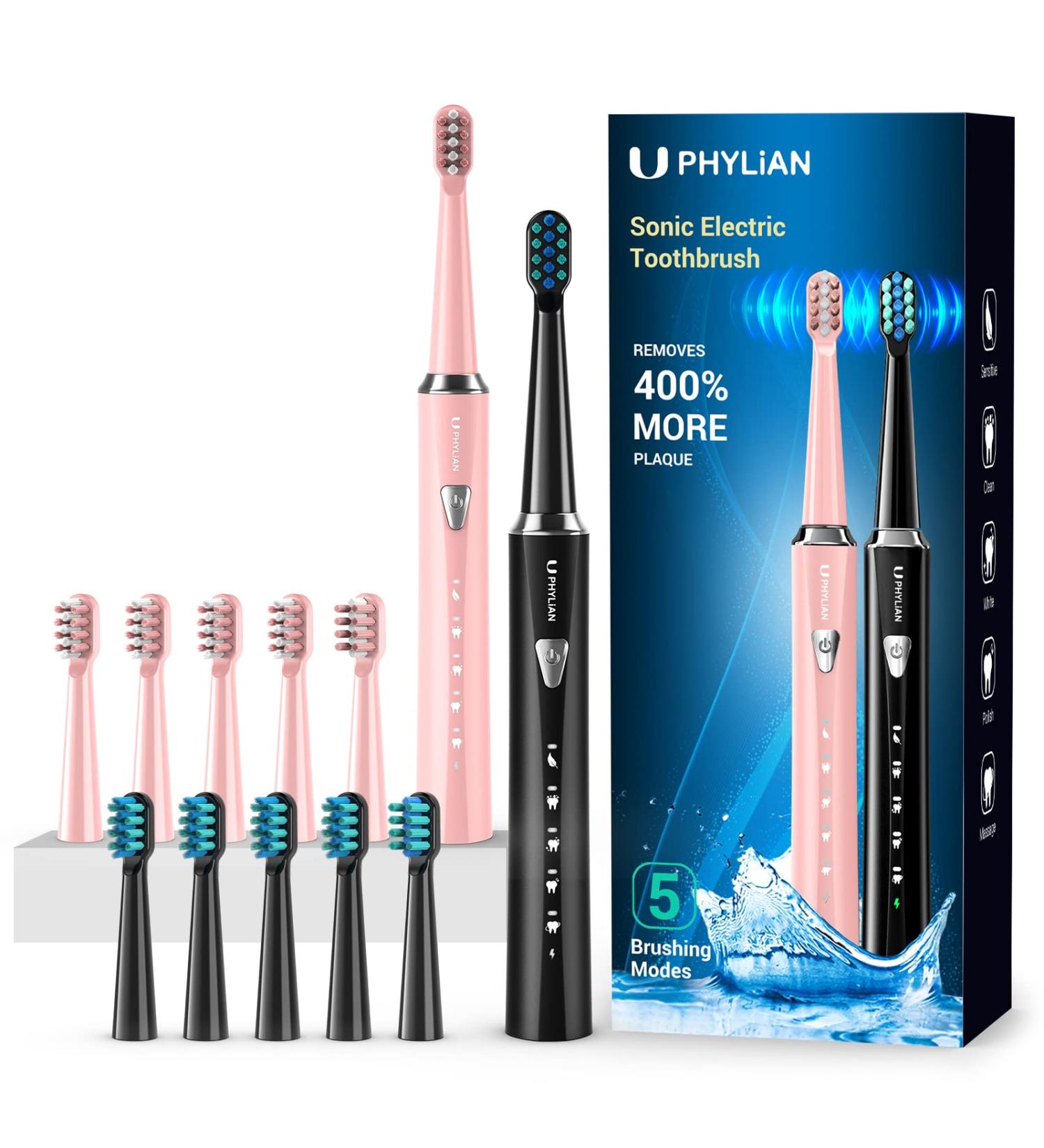 PHYLIAN Sonic Electric Toothbrush 2 Pack for Adults and Kids - High Power Rechargeable Toothbrushes in Black and Pink - 3 Hour Fast Charge for 60 Days - Buy Online on SooperMarket.com