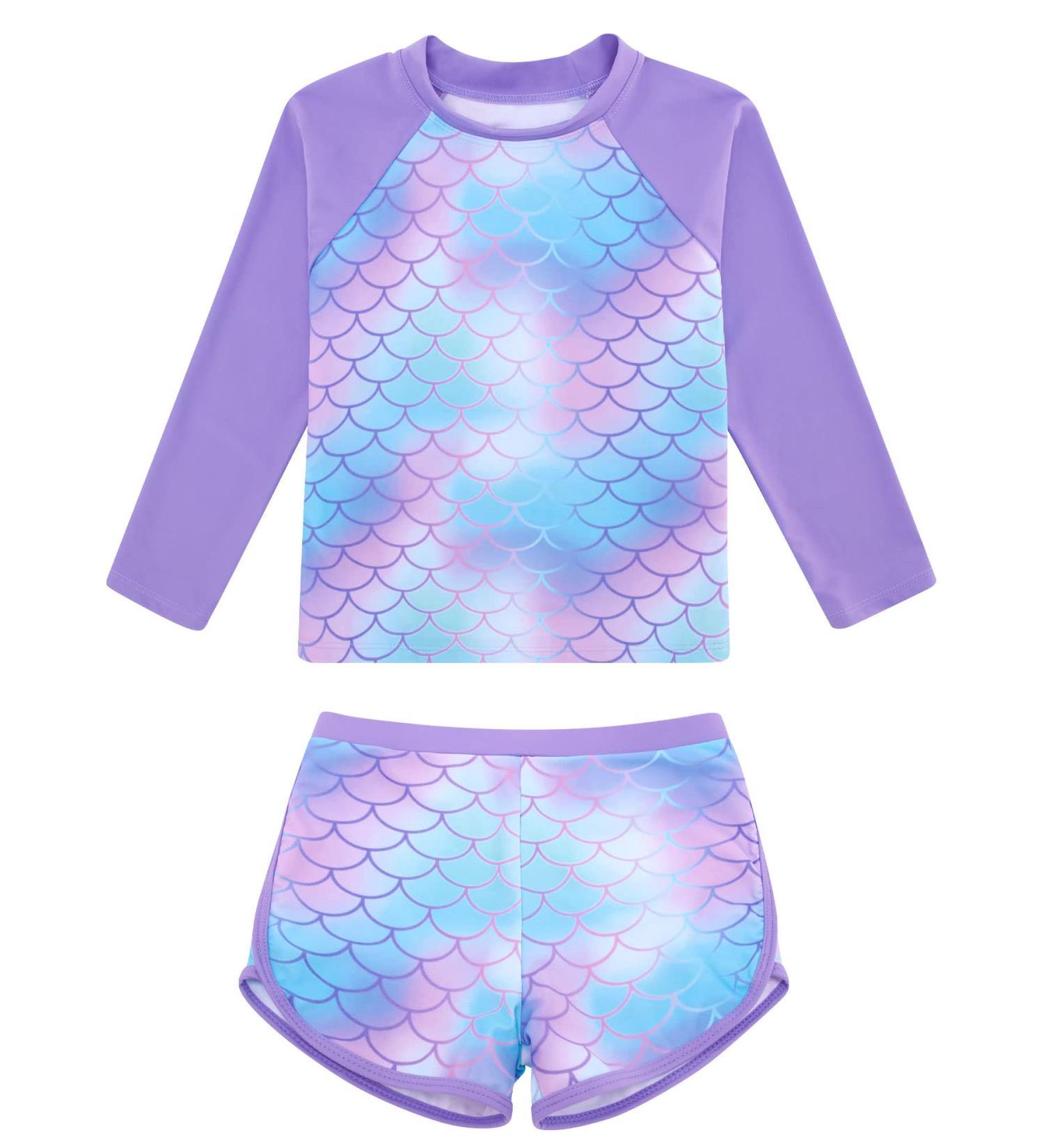 Girls Purple Mermaid Swimsuit Set | UPF 50+ Long Sleeve Swimwear for Kids 3-4 Years | Toddler Two Piece Bathing Suit by TUONROAD - Buy Online on SooperMarket.com