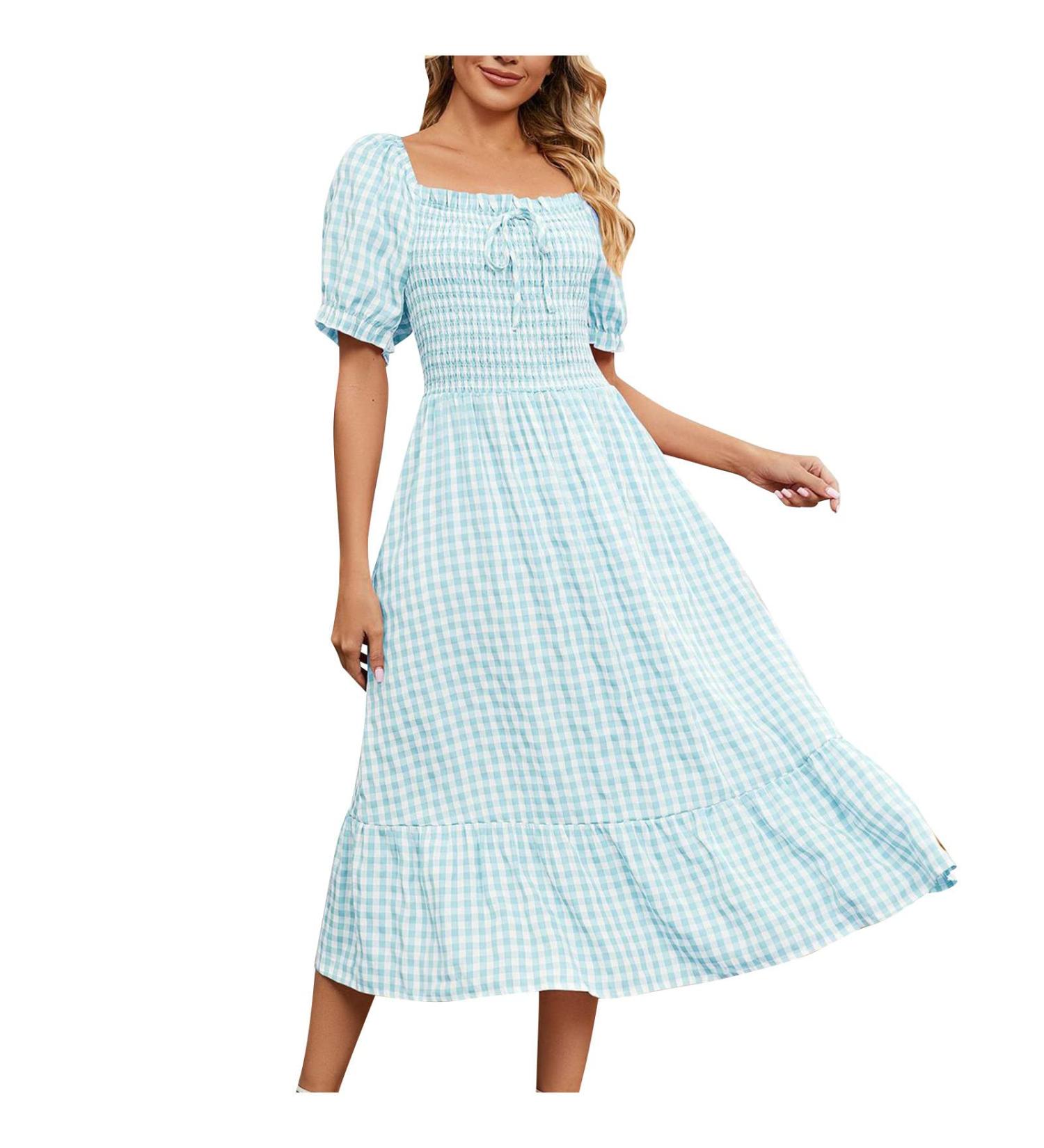 2023 Women's Casual Ruffle Sundress | Smocked Flowy Maxi Dress | Square Neck Plaid | Pink X-Large - Buy Online on SooperMarket.com