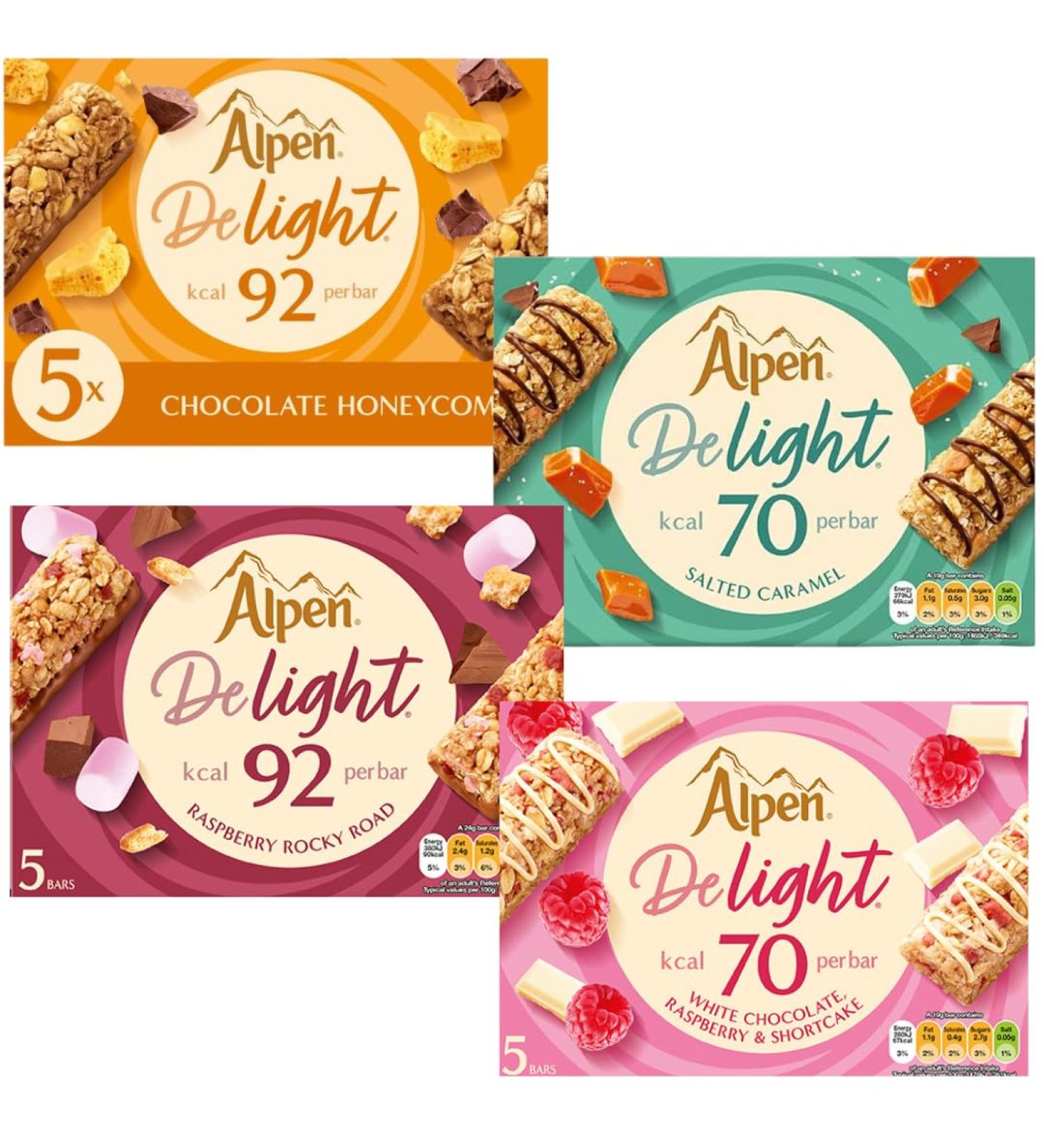 Cereal Bar Bundle With Alpen DeLight Chocolate Honeycomb Cereal Bar 5x120g Raspberry Rocky Road 5x120g White Chocolate Raspberry & Shortcake 5x95g and Salted Caramel 5x95g (4 Pack) - Buy Online on SooperMarket.com