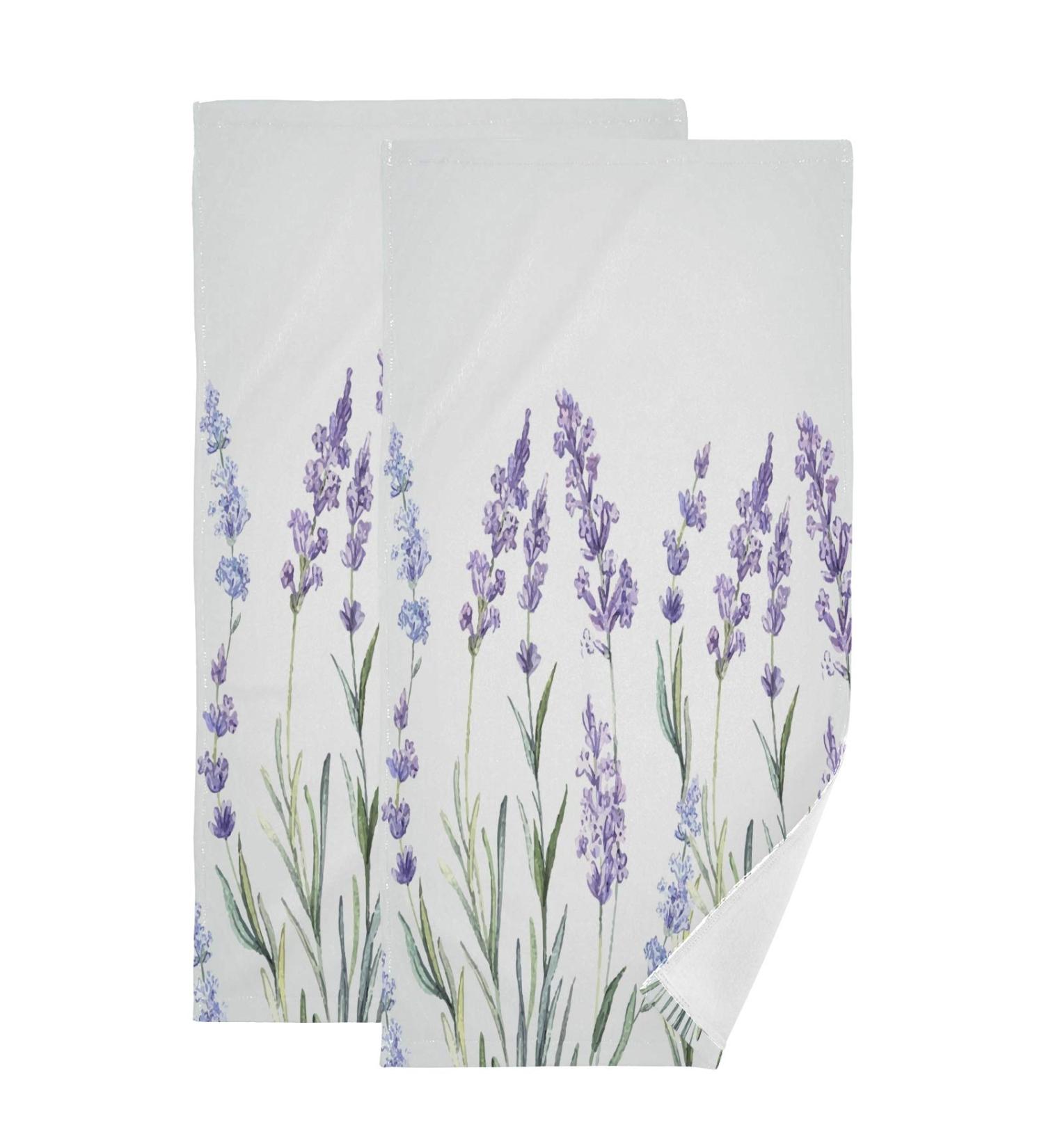 Blueangle Watercolor Lavender Print Hand Towels - Set of 2, 14.4 x 28.3 inches - Decorative Guest Towels for Bathroom, Spa, Gym - Buy Online on SooperMarket.com