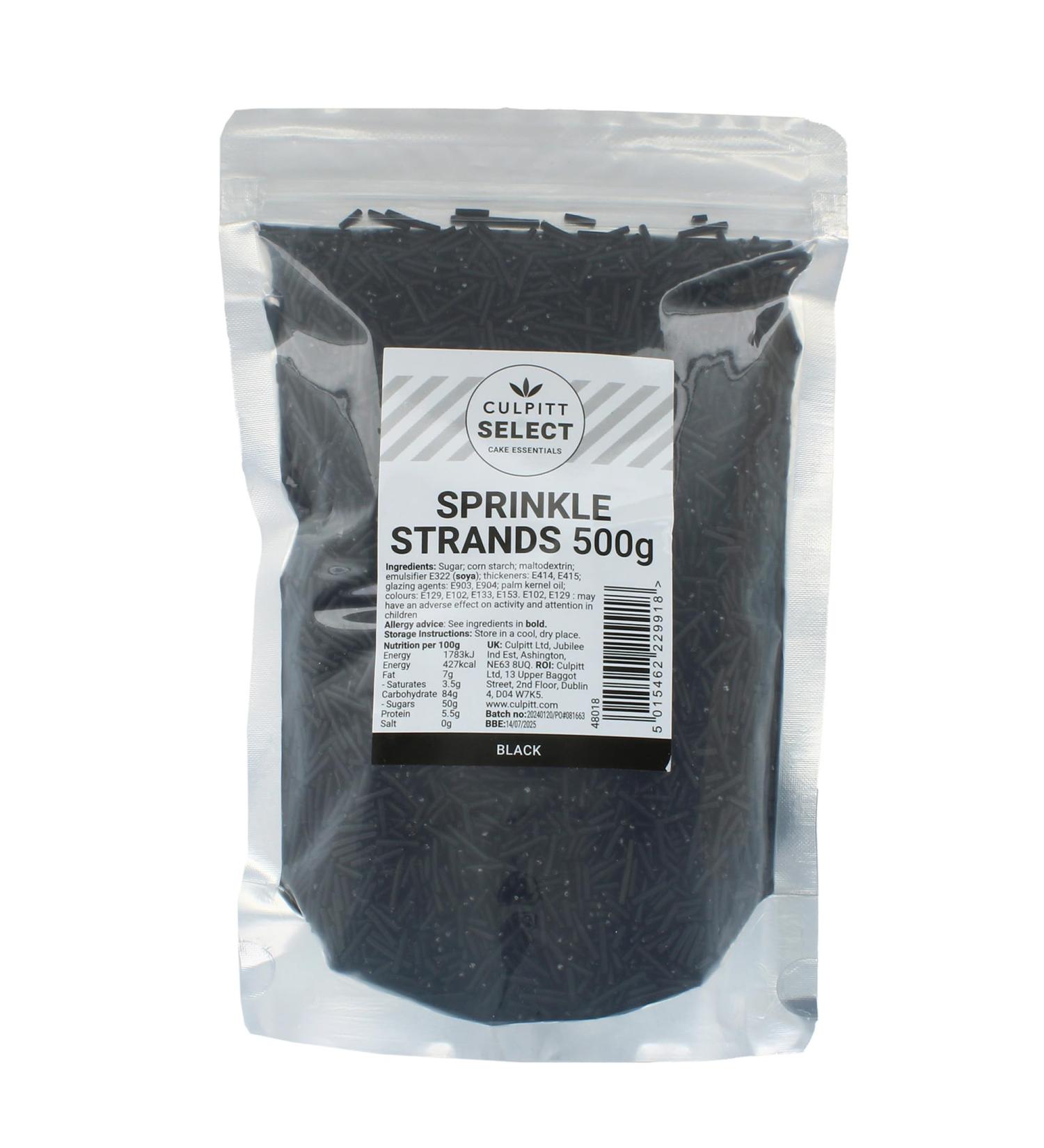 Culpitt Select Sprinkles | Black Sugar Strands Cake Sprinkle Decorations For Cakes Cupcakes Cookies Ice Cream and Desserts | 500g Strands Black - Buy Online on SooperMarket.com