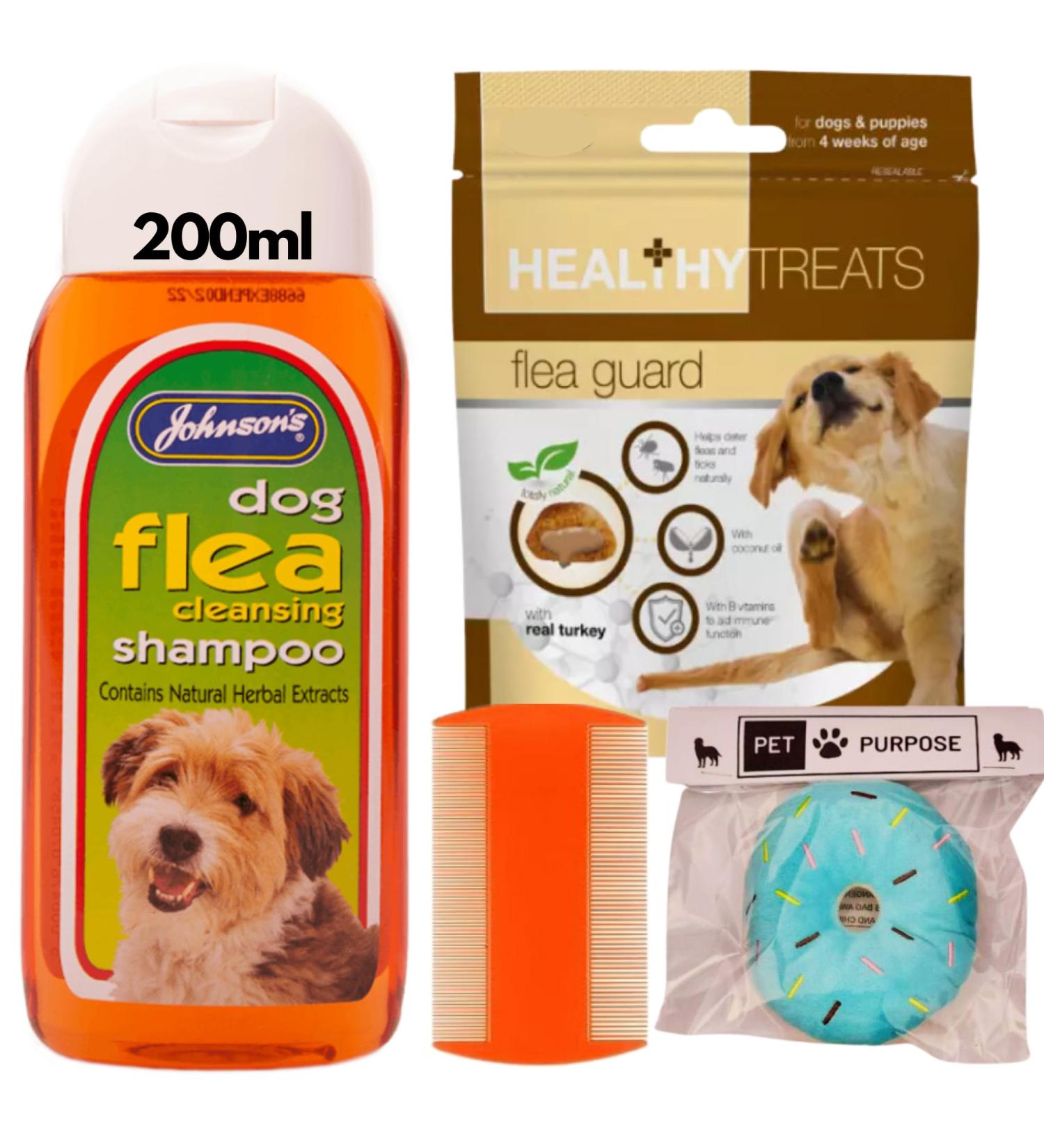 Dog Flea Cleansing Bundle | Johnsons Flea Shampoo for Dogs and Puppies from 12 Weeks 1x 200ml | Healthy Treats Flea Guard 1x 70g | Grooming and Flea Care Comb x1 | 1x Squeaky Donut Toy - Buy Online on SooperMarket.com
