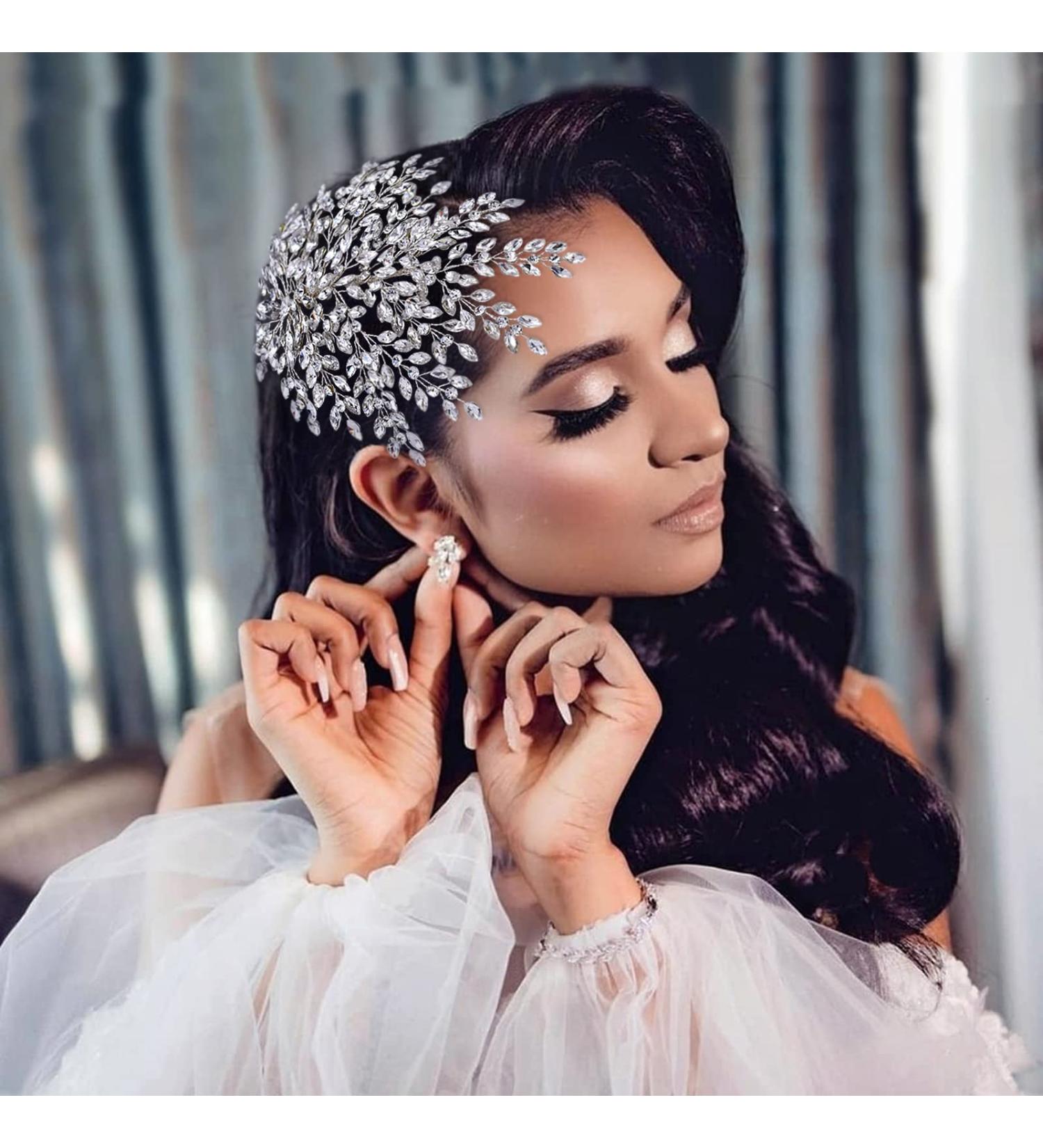 AMORARSI Rhinestone Leaf Wedding Hair Piece - Crystal Hair Accessories for Bride and Bridesmaids (Silver) - Buy Online on SooperMarket.com