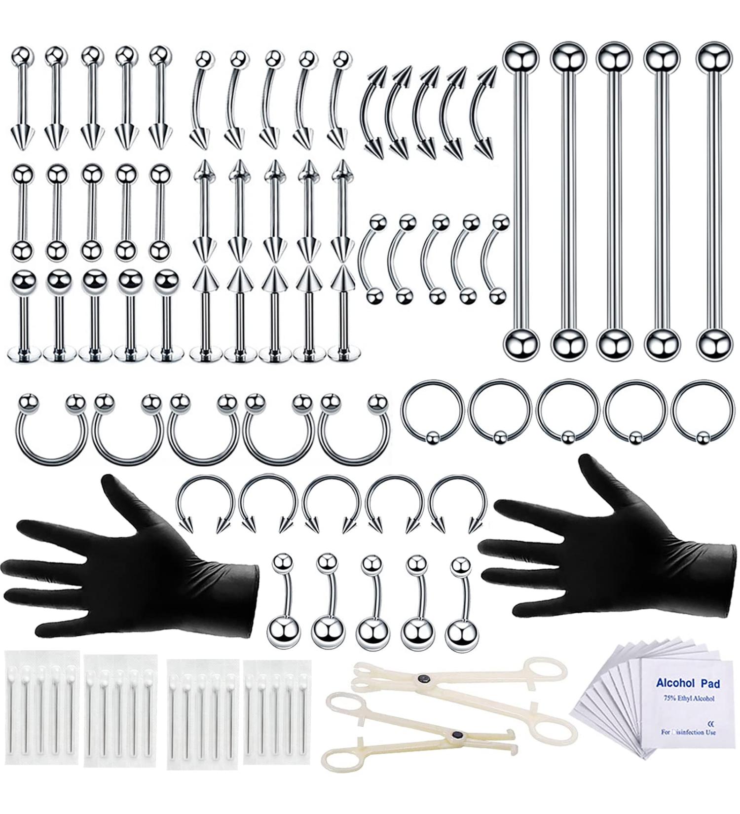 100PCS Piercing Kit: Nose Septum Rings, Ear Lip Belly Button Tongue Tragus Cartilage Daith Jewelry Set with Needles and Alcohol Pads - Buy Online on SooperMarket.com