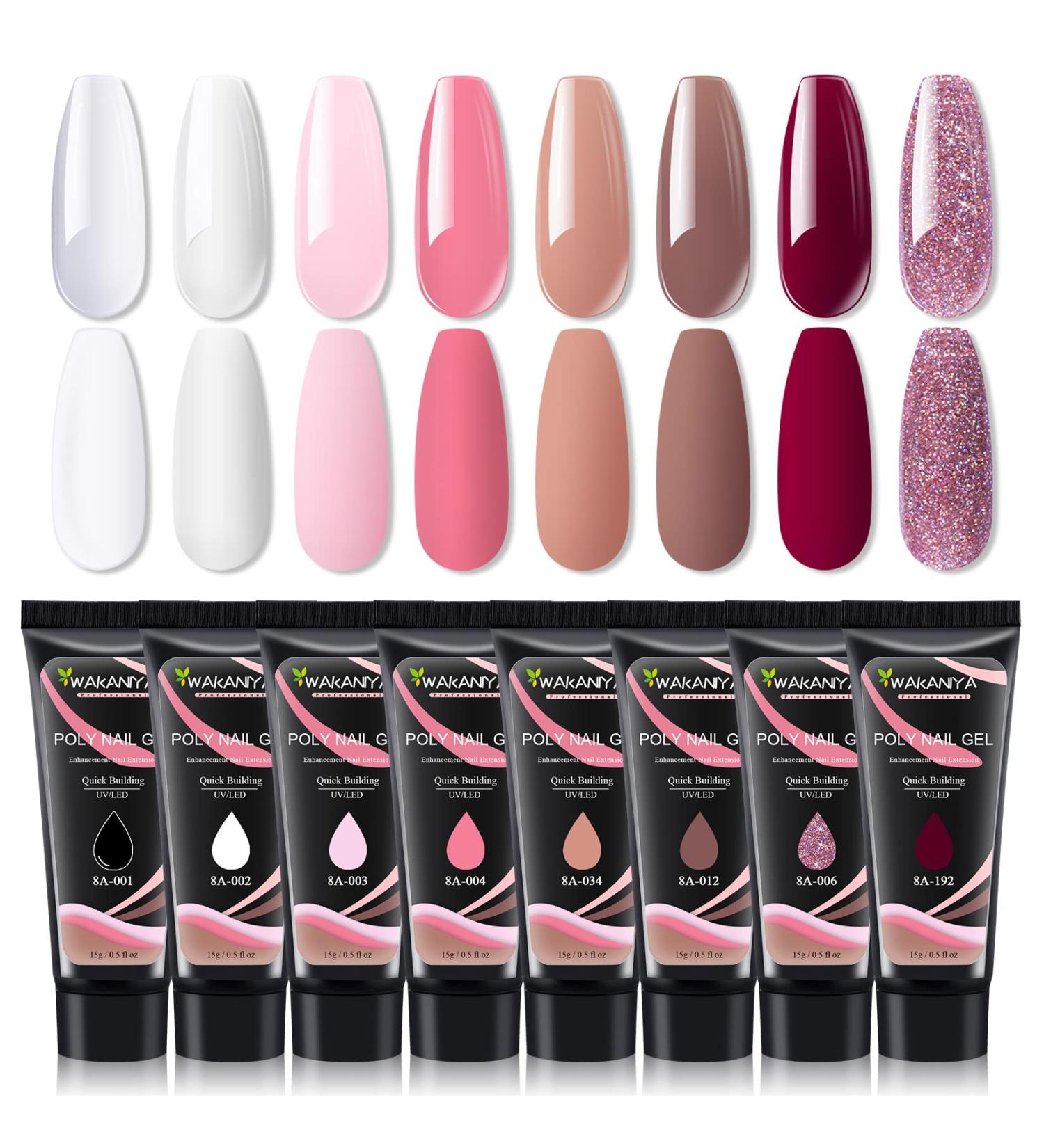 Wakaniya Poly Gel Nail Kit - 8 Colors for Fast Nail Extensions & Design | Starter-Friendly | Clear White Nude Pink 120ml - Buy Online on SooperMarket.com