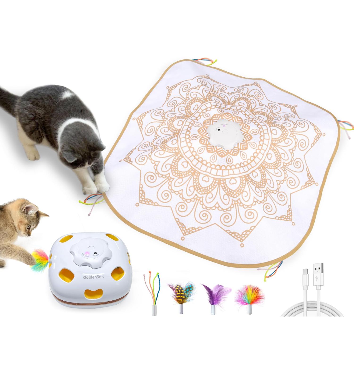 GoldenSun Cat Toy Chargeable 4-in-1 Interactive Kitten Toys for Indoor Cats Self Play Hide and Seek Cat Wand Toy Whack a Mole Exercise Cat Toys with 3Pcs DIY Replacement Feathers White Gold Passion Bohemian - Buy Online on SooperMarket.com