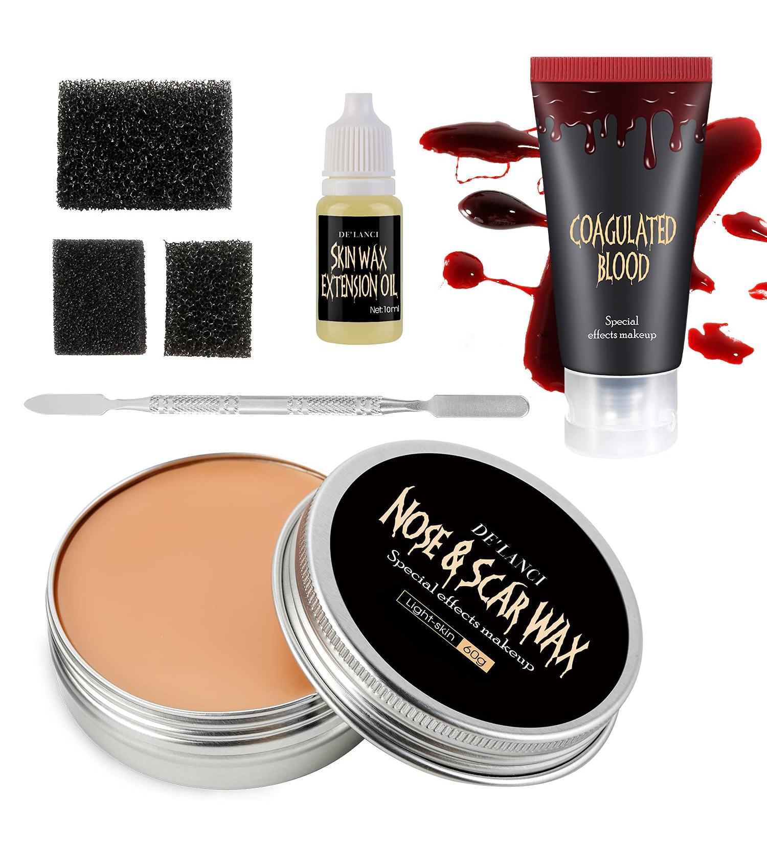 DE'LANCI Pro SFX Makeup Scars Wax Kit for Halloween - Fake Wound Moulding Skin Wax with Spatula, Sponge, Fake Blood & Skin Extension Oil (60g/2.12 Oz) - Buy Online on SooperMarket.com