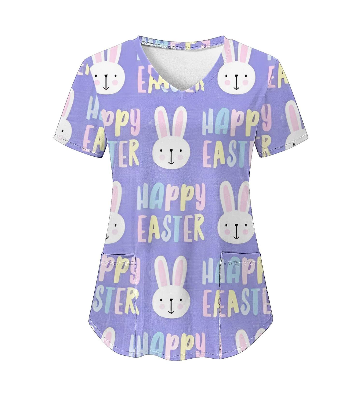 Foldap Easter Nurse Uniforms for Women: Cute Patterned Short Sleeve V-Neck Tee with Pockets | Breathable Plus Size Shirts - Large, C1-purple - Buy Online on SooperMarket.com