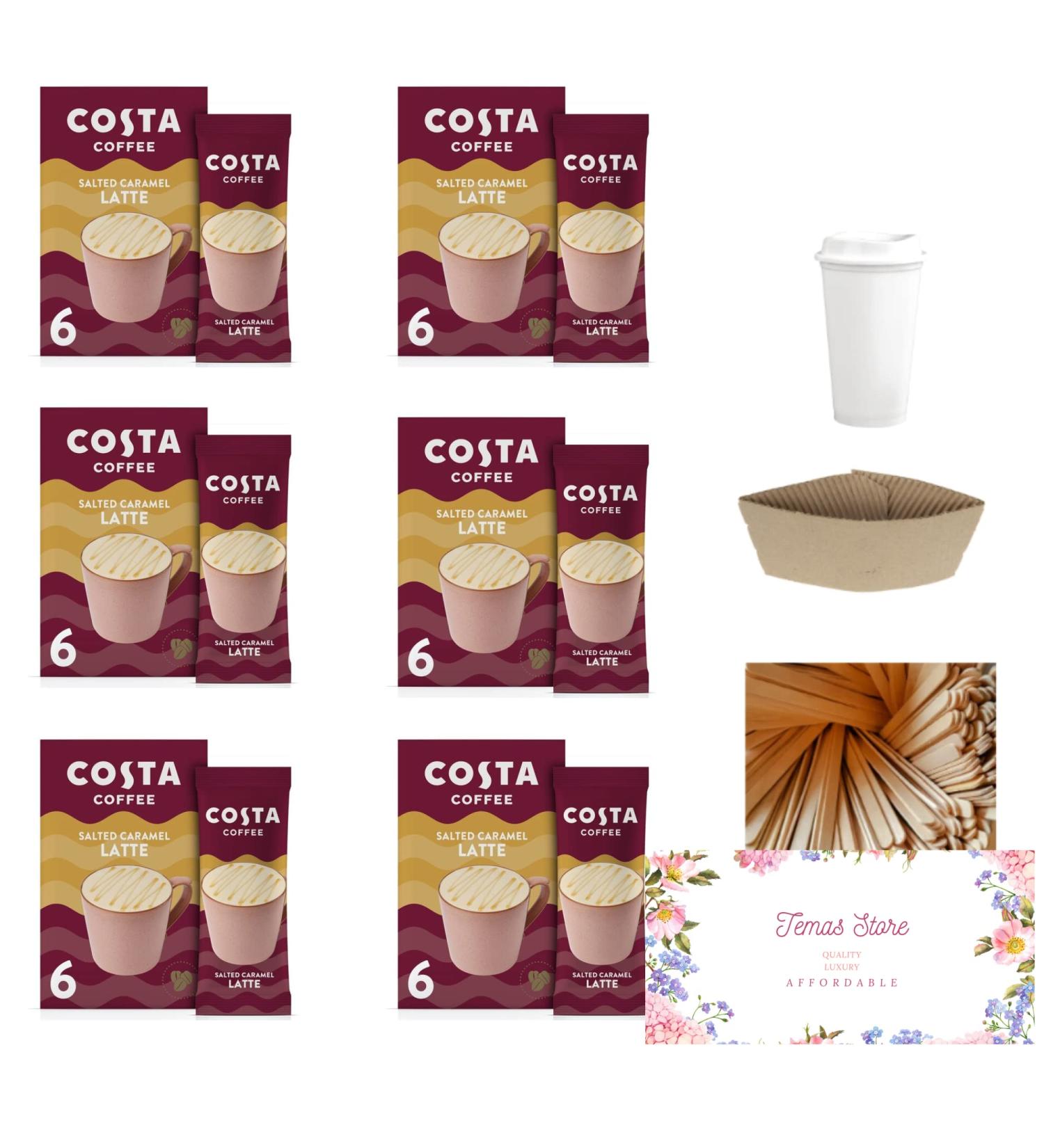 Temas Costa Coffee Instant Coffee Sachets Bundled With Reusable Coffee Cup Sleeves & Coffee Stirrers |Salted Caramel Latte | Coffee Gifts (Salted Caramel Latte) - Buy Online on SooperMarket.com