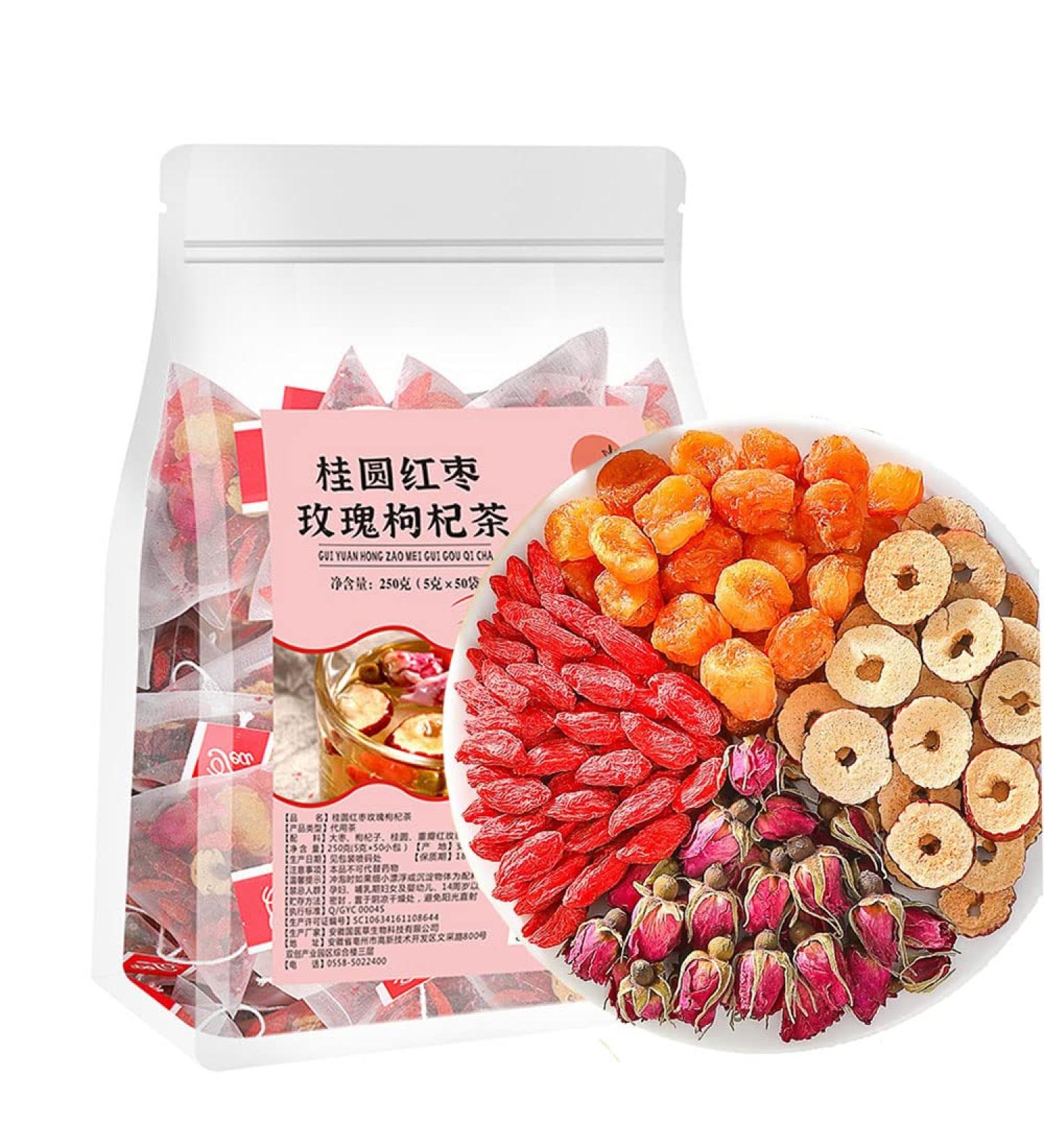 Longan Red Date Rose Goji Flower Tea Combination 8.8 oz/250g (50 small bags) Flower tea fruit tea ladies' tea beverage Flower and fruit tea cold and hot tea bag  - Buy Online on SooperMarket.com