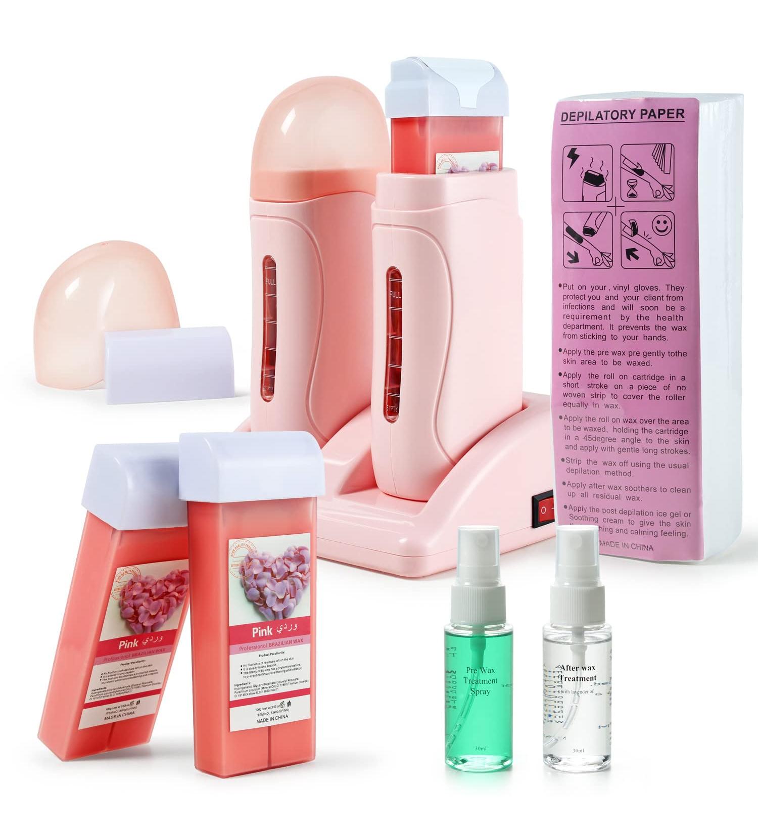Dual Roll On Waxing Kit with Rose Wax Cartridge - Hair Removal Double Wax Warmer for Legs, Arms, Underarms - Pink - Buy Online on SooperMarket.com