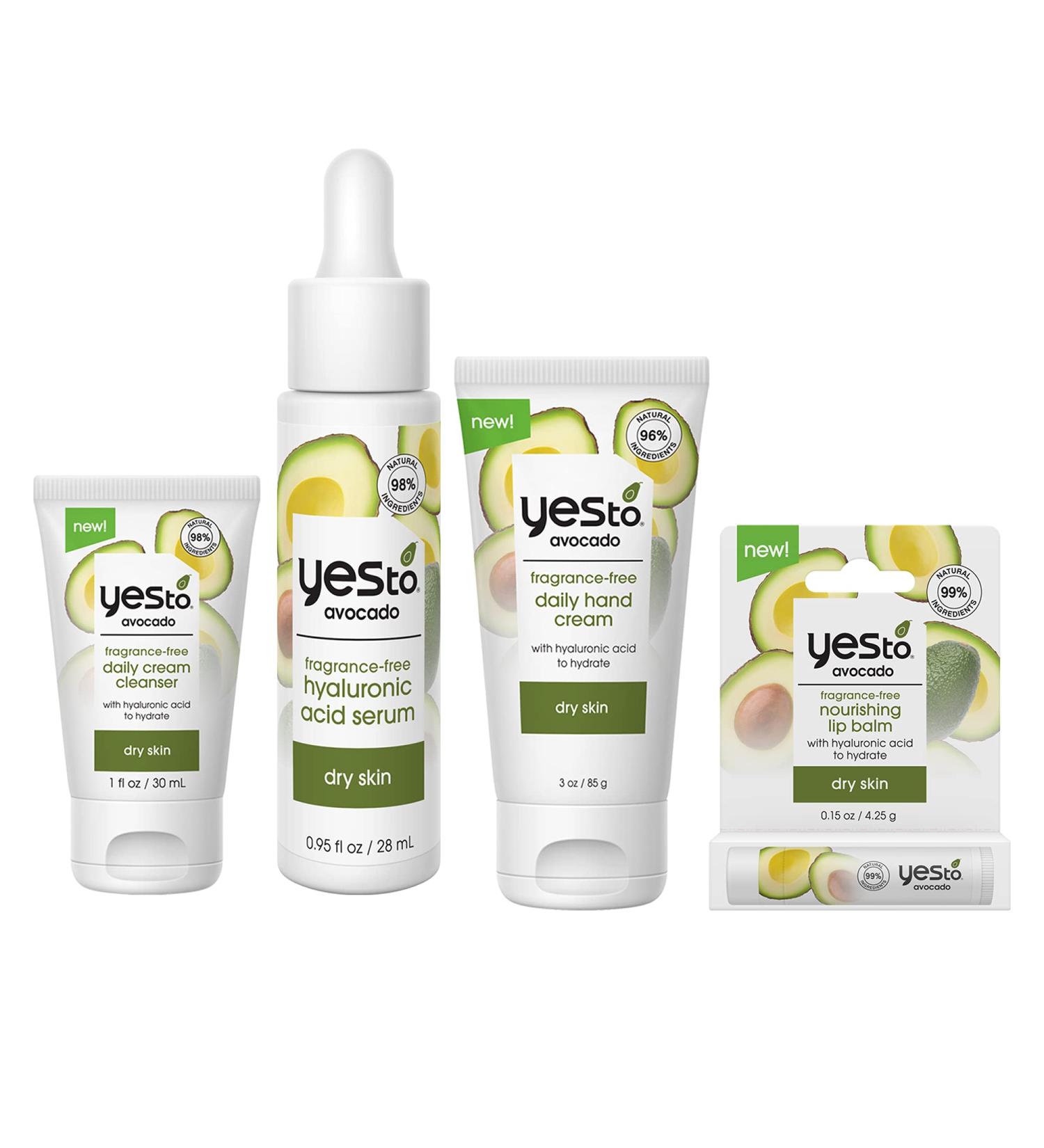 Yes To Avocado Fragrance-Free Skincare Set | Daily Cleanser Hyaluronic Acid Serum Hand Cream & Lip Balm - Shop Internationally - Buy Online on SooperMarket.com
