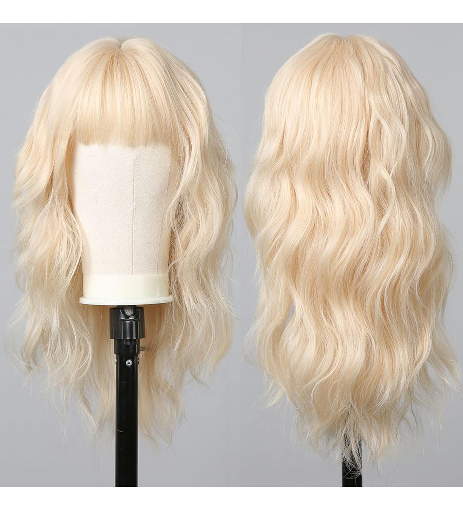 Allbell Long Wavy Blonde Wig for Women with Bangs - Heat Resistant Synthetic Hair Replacement - Buy Online on SooperMarket.com