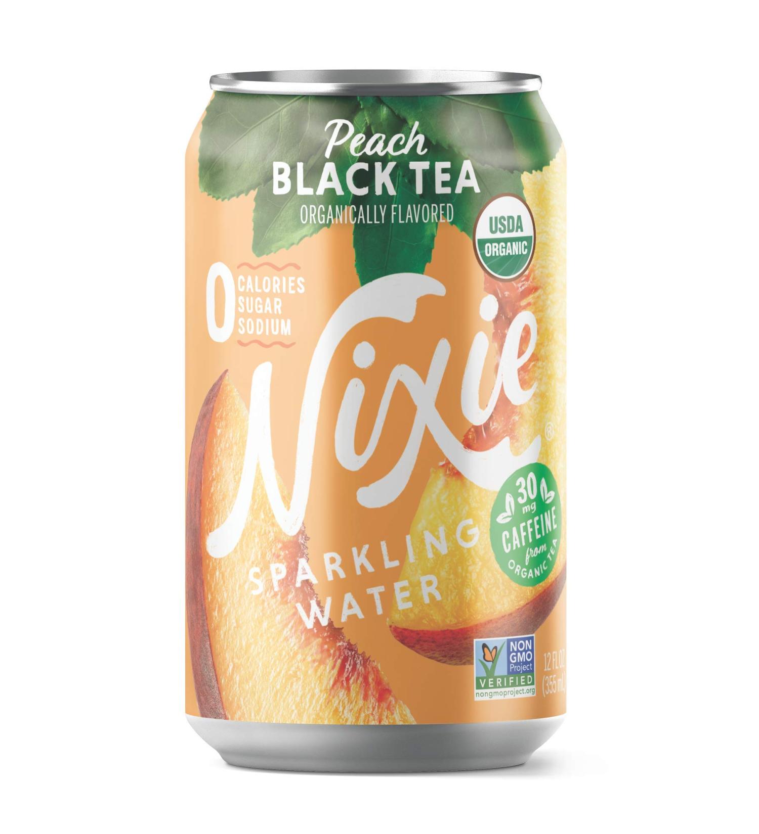 Nixie Sparkling Water Peach Black Tea Lightly Caffeinated (30mg) | 12 fl oz cans 24 pack | Organic Non-GMO 0 Calories 0 Sugar 0 Sodium - Buy Online on SooperMarket.com
