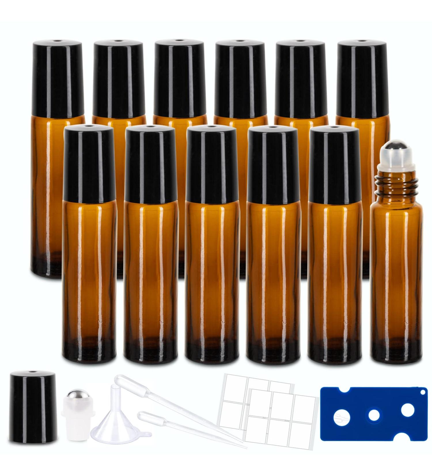 12 Pack 10ml Amber Glass Essential Oil Roller Bottles with Stainless Steel Roller Balls and Accessories | Labels, Openers, Funnels, Droppers Included - Buy Online on SooperMarket.com