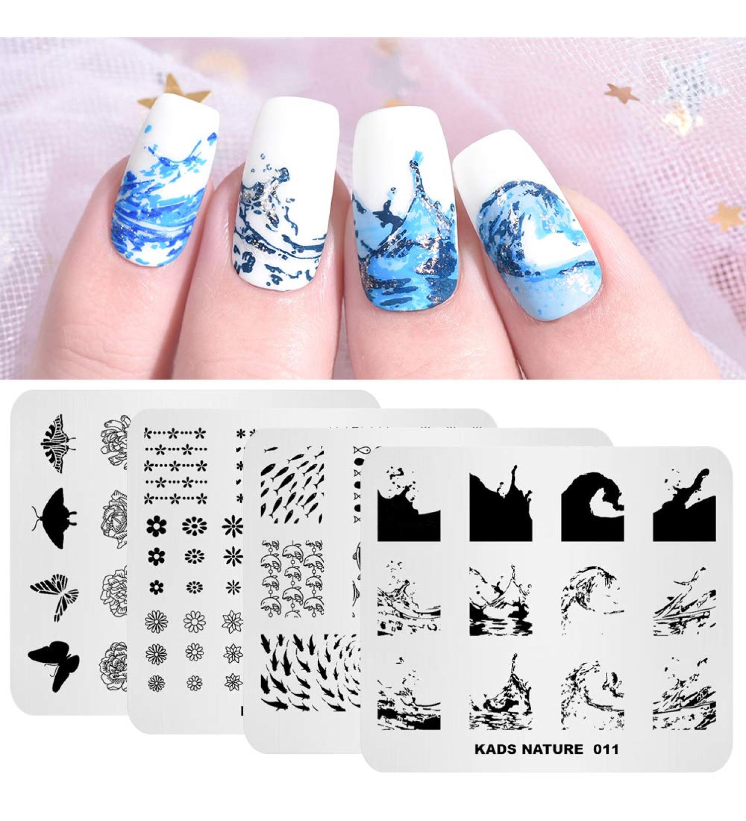Nail Stamping Plate 4 Set - Butterfly Floral & Ocean Wave Designs for DIY Nail Art - Perfect for Manicure & Decoration - Buy Online on SooperMarket.com