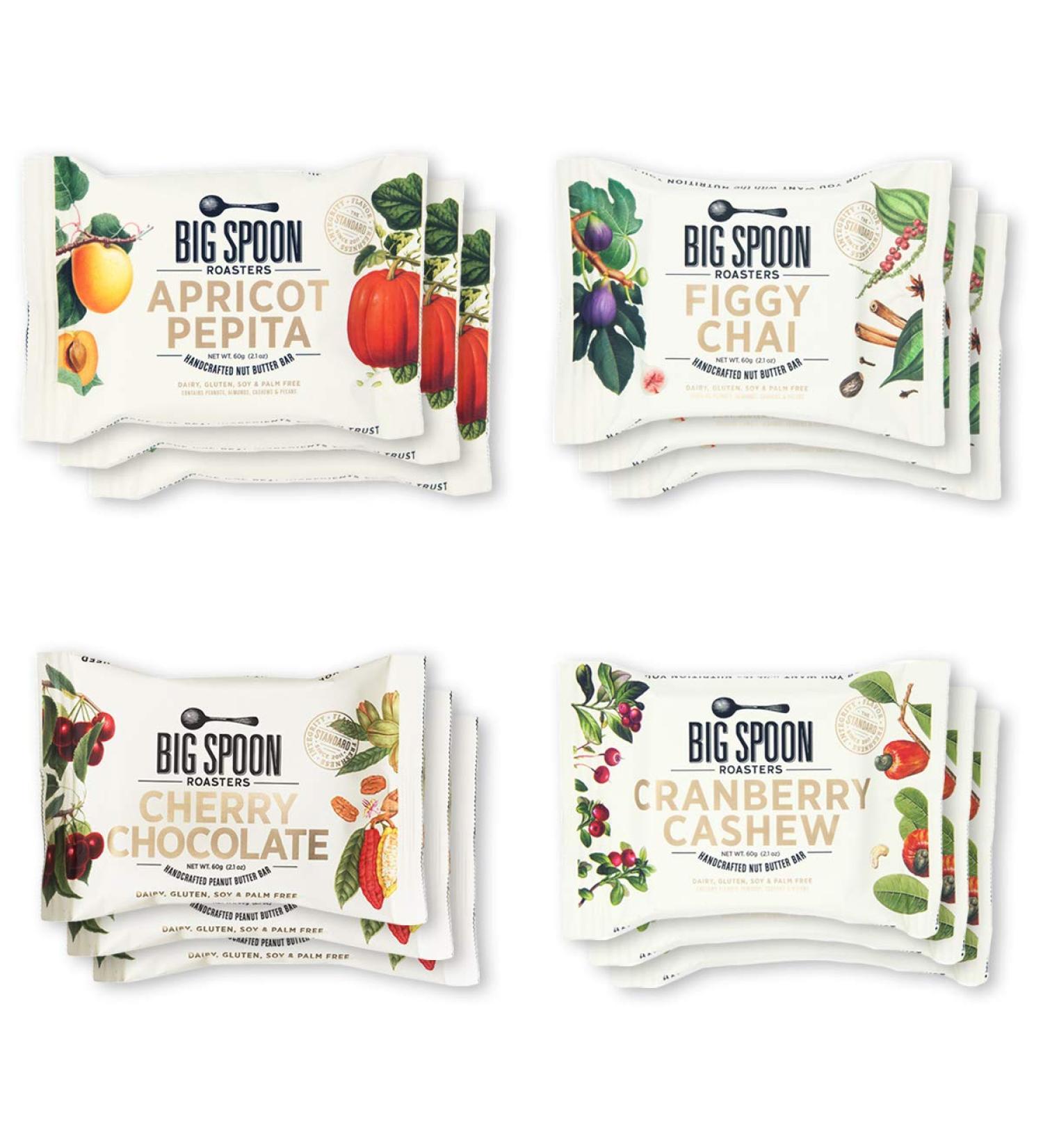 Big Spoon Roasters Peanut Butter Bars Variety Pack - High Protein Bars with Non-GMO Pea Protein - 12-Count - Cherry Chocolate, Apricot Pepita, Cranberry Cashew & Figgy Chai - 3 of Each Flavor - Buy Online on SooperMarket.com