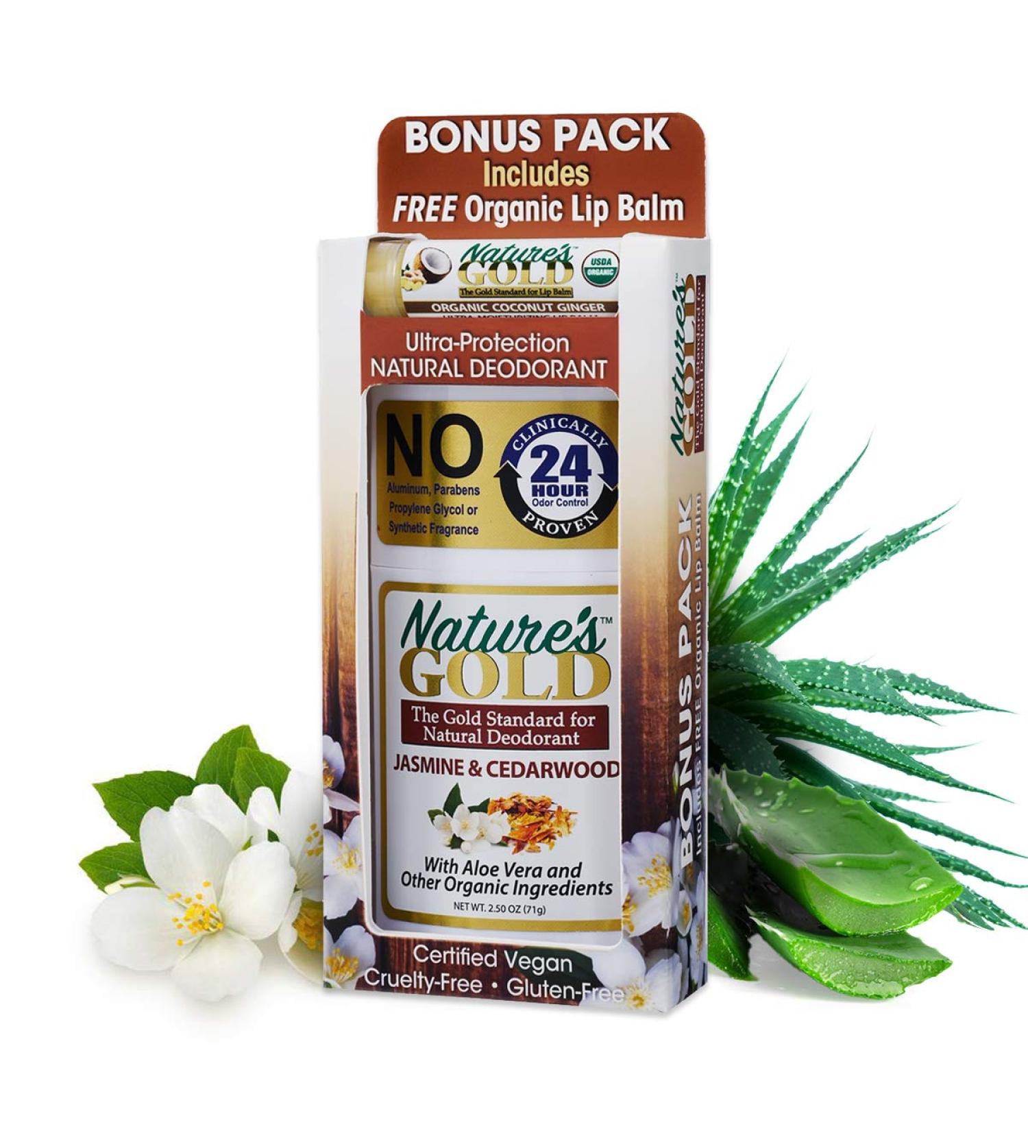 Nature's Gold Natural Hypoallergenic Aluminum-Free Deodorant | Aloe Vera Infused | Safe for Sensitive Skin | Stain-Free | Jasmine & Cedarwood Scent | Includes Free Organic Lip Balm - Buy Online on SooperMarket.com