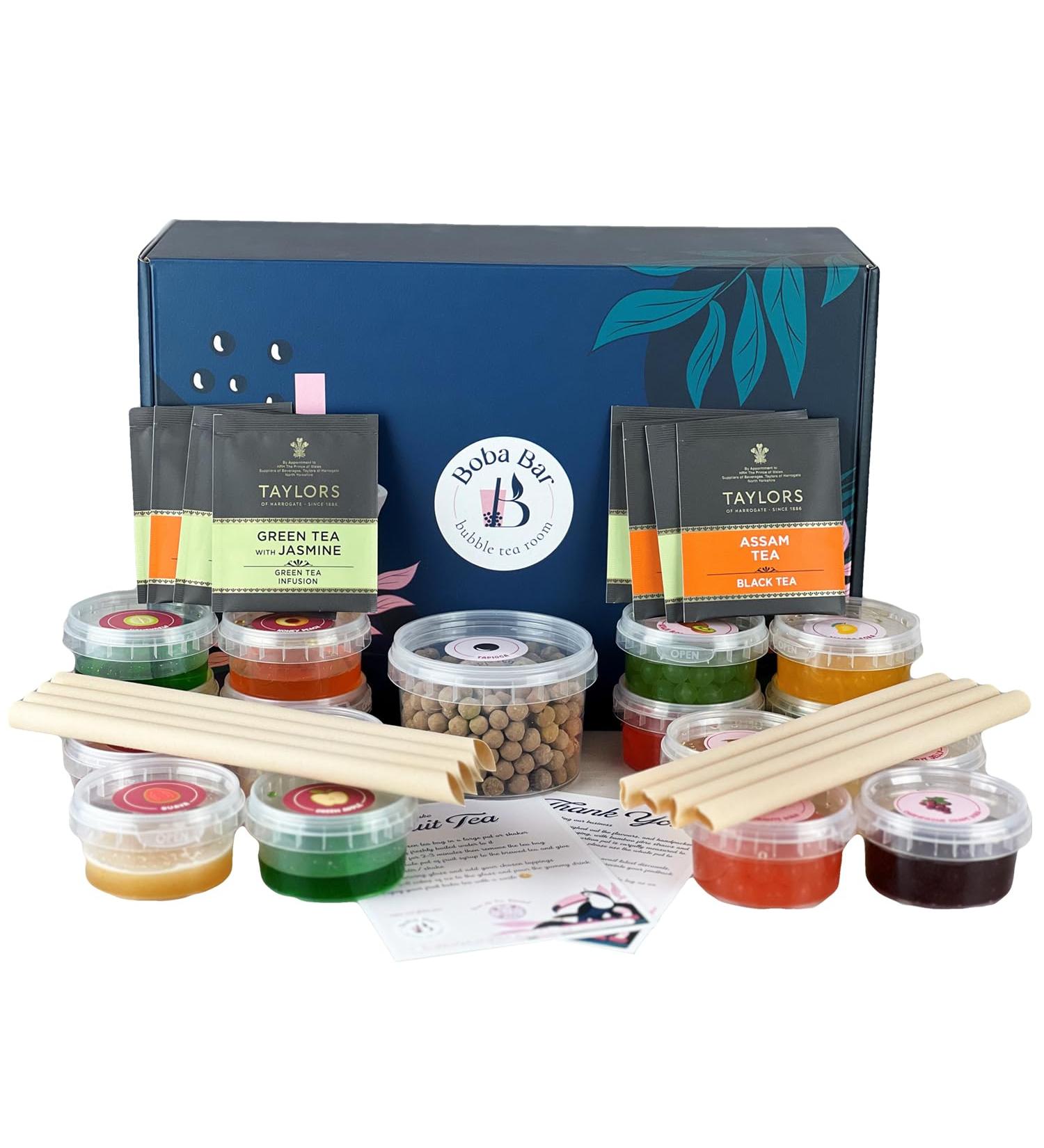 Boba Bar London | Fruit Fantasy Fruit Bubble Tea Kit | 8 Fruit Tea Flavours | 8 Boba & Jelly Toppings | Tapioca Pearls | 8 Bamboo Straws | 8 Tea Bags | 2 Recipe Cards - Buy Online on SooperMarket.com