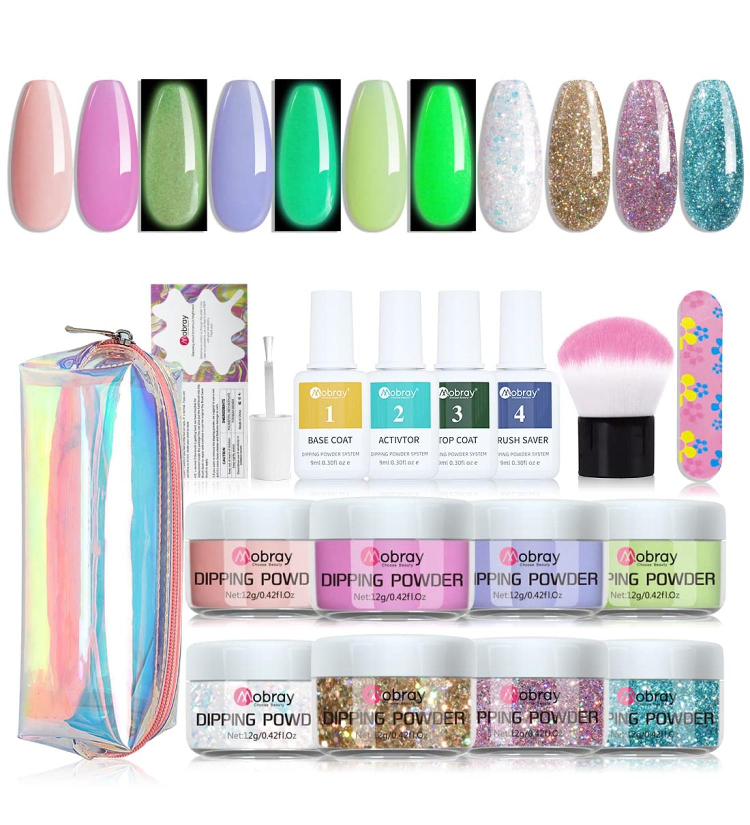 Mobray Dip Powder Nail Kit Starter Set - 8 Colors with Classic Nude, Glitter, and Glow in the Dark Shades - DIY Nail Art Manicure for Beginners - Buy Online on SooperMarket.com