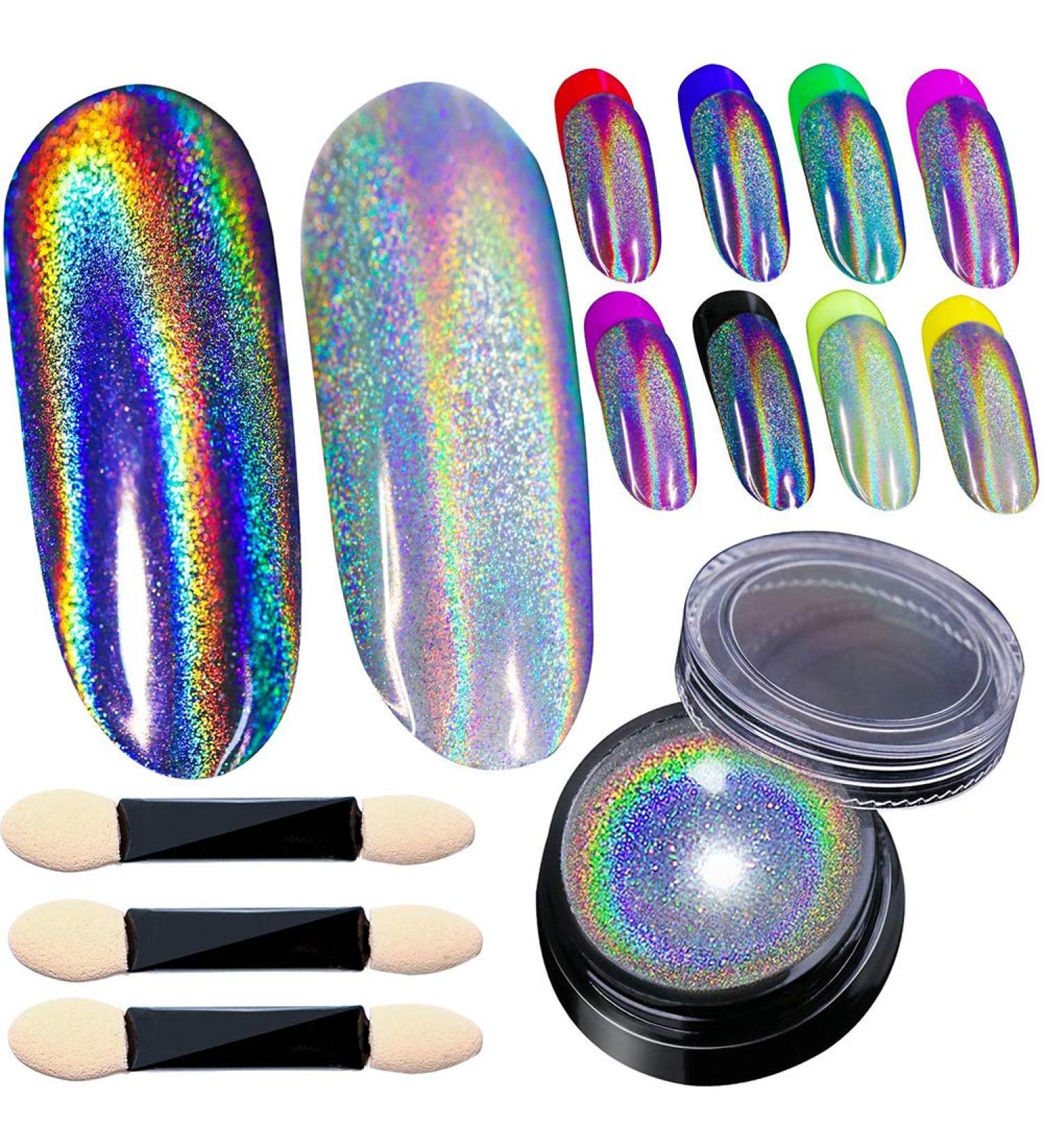 Holographic Nail Powder Set - Chrome Rainbow Unicorn Effect with Sponge Tool - 3pcs 0.04oz - Nail Art Glitter Dust for DIY Manicure - Buy Online on SooperMarket.com