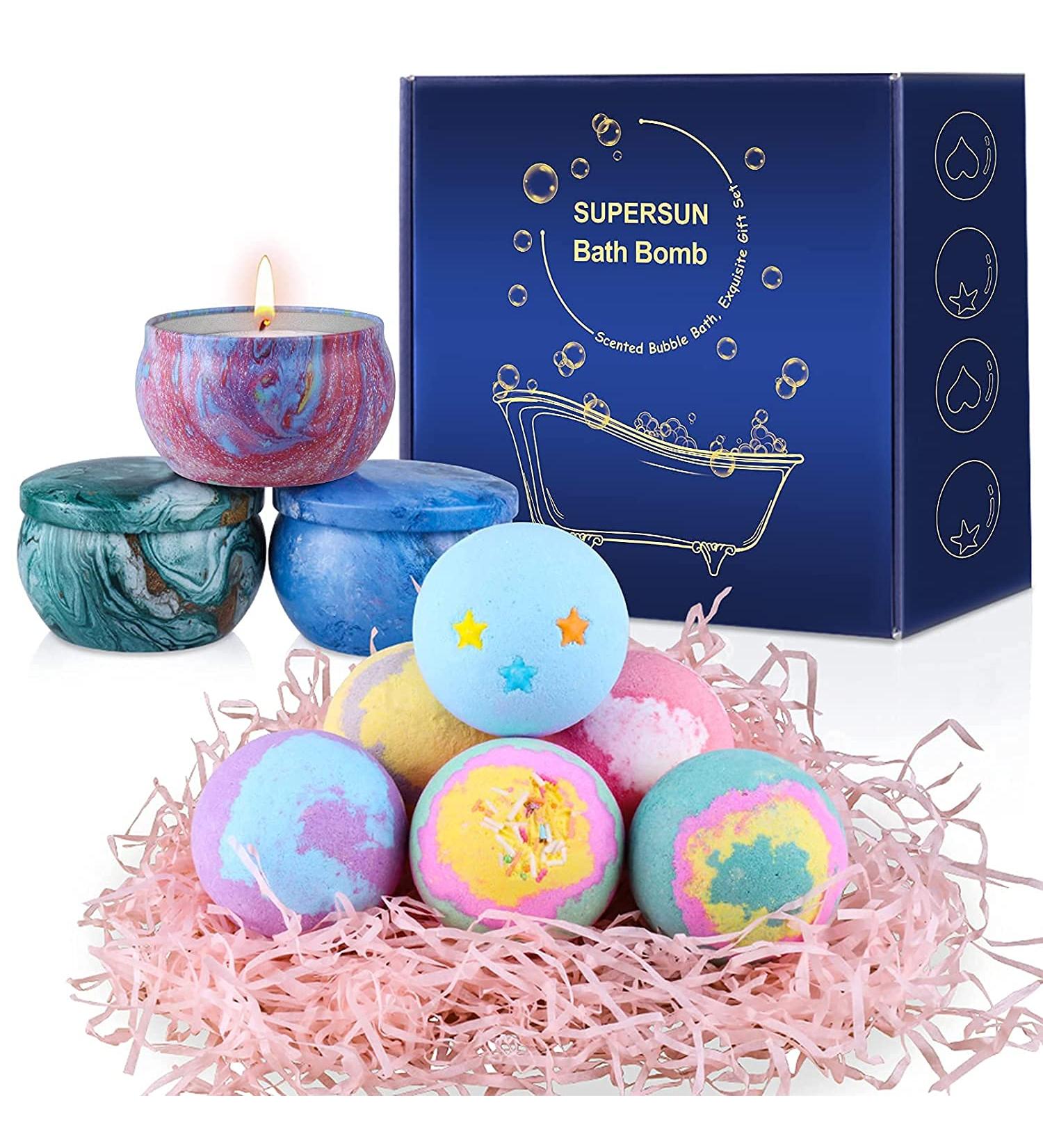 Mother's Day Gift Set: 6 Handmade Organic Bath Bombs with 3 Scented Candles - Bath Set Gifts for Women, Mom, Kids - Blue - Buy Online on SooperMarket.com