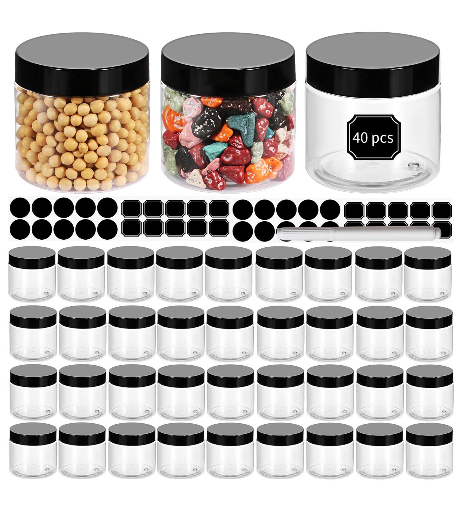 40 Pack 180ml Clear Plastic Jars with Black Lids | Refillable Round Containers for Slime & Beauty Products | Includes Pen & 80 Labels | 6oz - 40 Pack - Buy Online on SooperMarket.com
