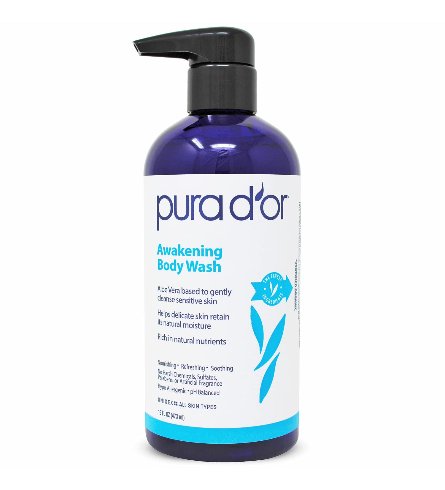 PURA D'OR Awakening Body Wash - 16oz/473ml, Aloe Vera, Chamomile, Lavender, Tea Tree, pH Balanced for Soft & Fresh Skin - All Skin Types, Men-Women - Buy Online on SooperMarket.com