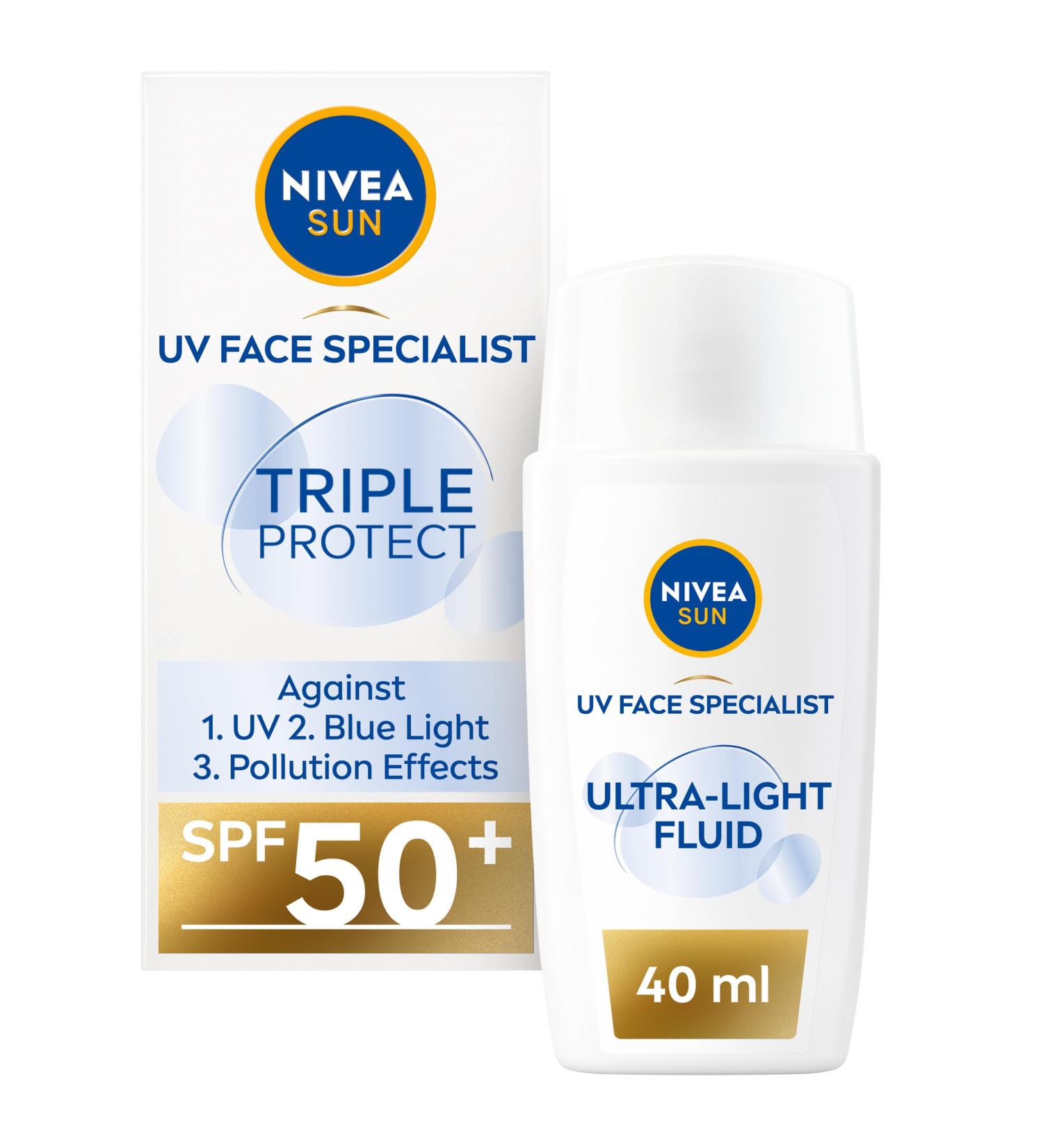 NIVEA SUN Triple Protect Light Sun Fluid SPF50+ (40ml) Face Sun Cream SPF50 with Hyaluron Protects Against UV Blue Light and Pollution Daily Face Sunscreen - Buy Online on SooperMarket.com