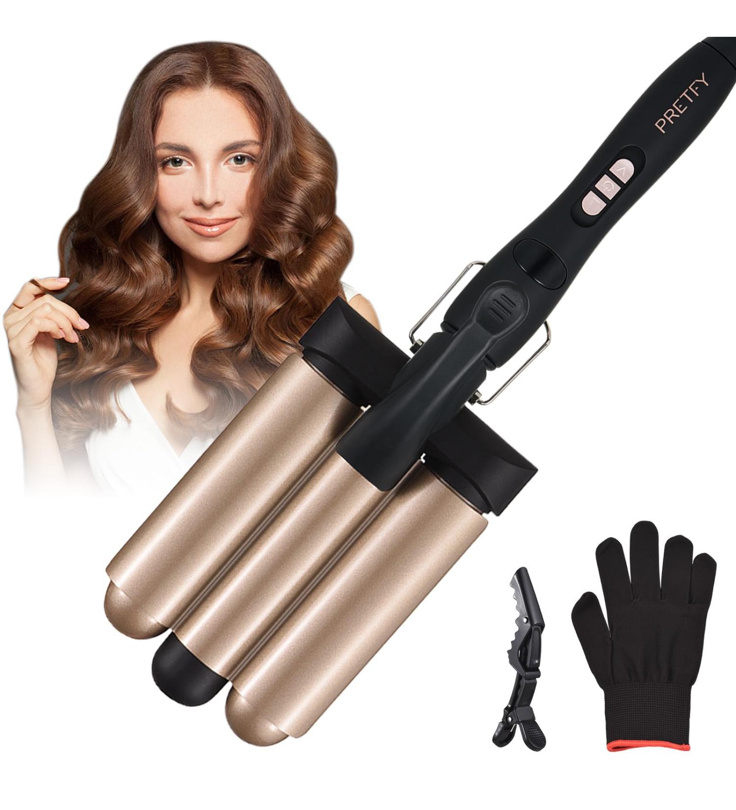 3 Barrel Curling Iron Wand - 1.25 Inch Ceramic Tourmaline Triple Barrel Hair Waver with Adjustable Temperature & LCD Display - Portable Rose Gold Crimper for Effortless Beach Waves - Buy Online on SooperMarket.com