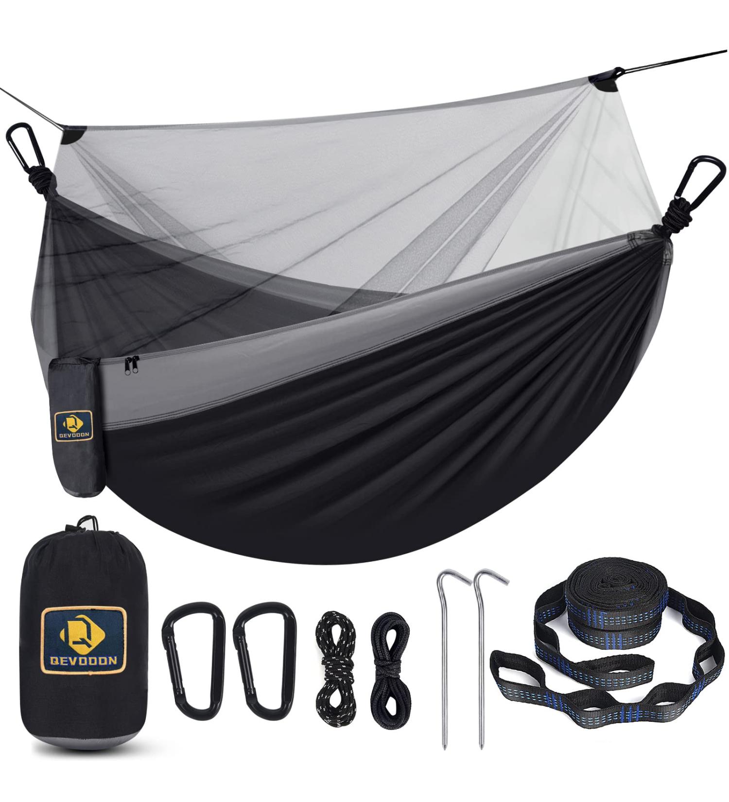 Portable Camping Hammock with Net | Lightweight Parachute Nylon Hammock for Backpacking, Beach, Patio | Includes Tree Straps and Carabiners | Black & Grey - Buy Online on SooperMarket.com