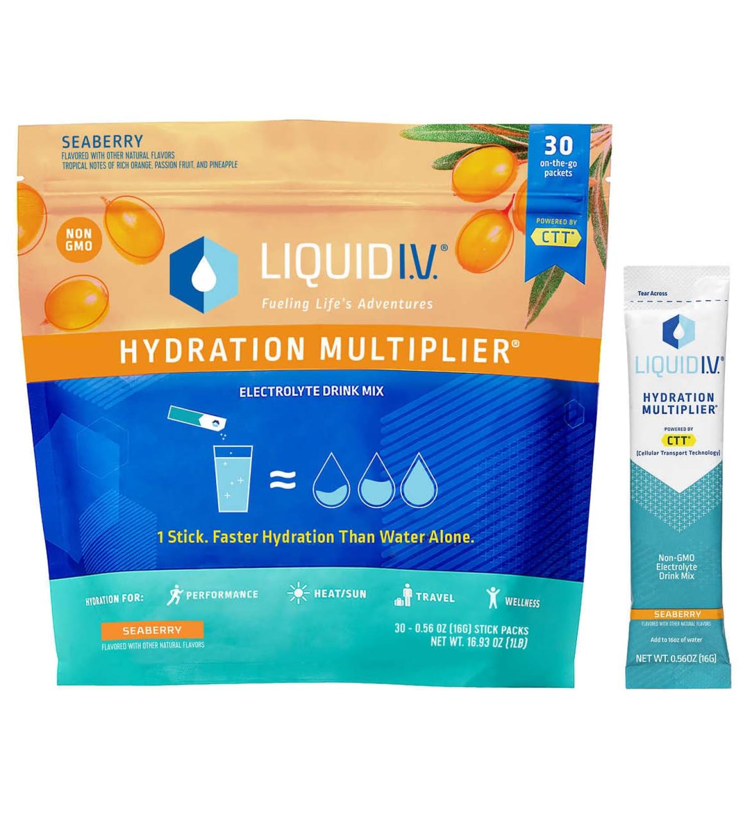 Liquid IV Hydration Multiplier Drink Mix 30 Count - Seaberry Flavor - 30 Total Individual Stick Packets - 480 Grams - Buy Online on SooperMarket.com