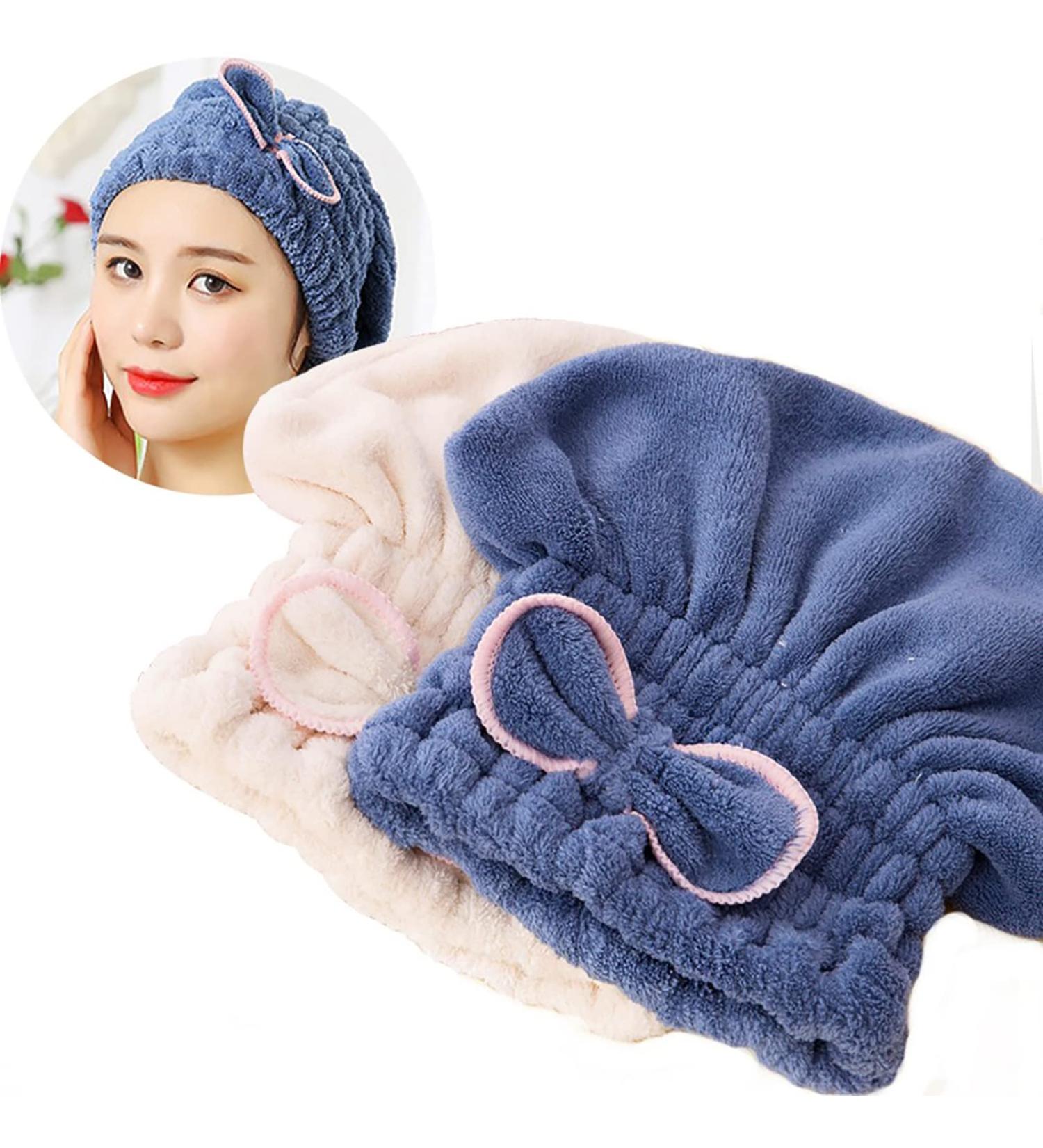 Jseng 2PC Microfiber Hair Drying Caps - Fast Drying Hair Turban Wrap Towels for Girls and Women - Soft & Absorbent - Blue+beige - Buy Online on SooperMarket.com