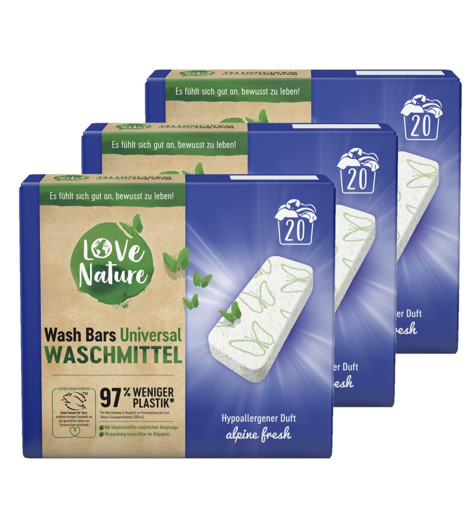 Love Nature Wash Bars - Eco-Friendly Universal Detergent 60 Pre-Dosed Bars (3 x 20) with Sustainable Packaging - Compact Natural Cleaning Power - Buy Online on SooperMarket.com