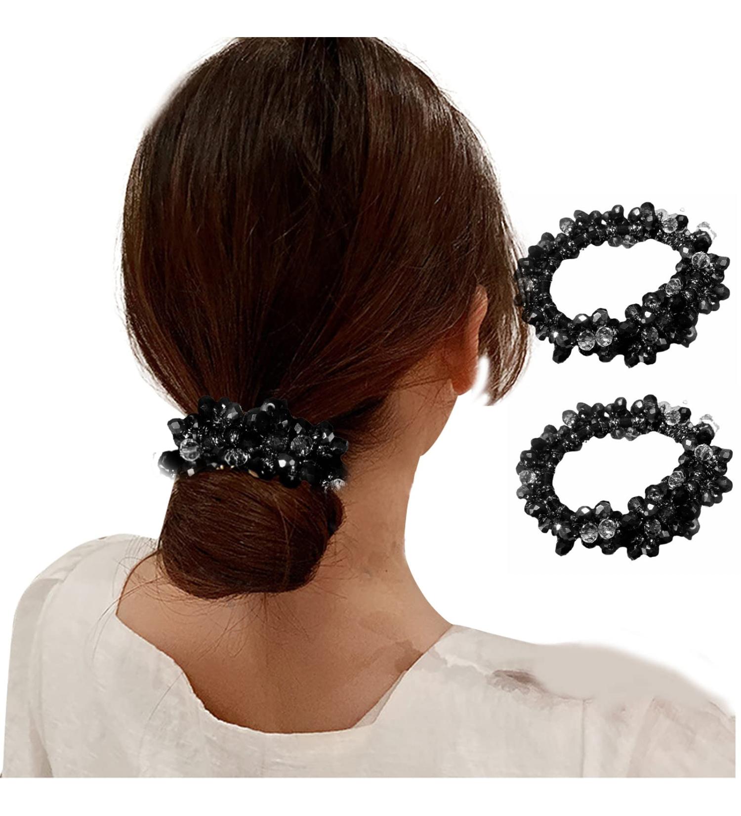 Elegant Black Crystal Beads Hair Tie Scrunchies - Boho Hair Accessory for Women and Girls - Buy Online on SooperMarket.com