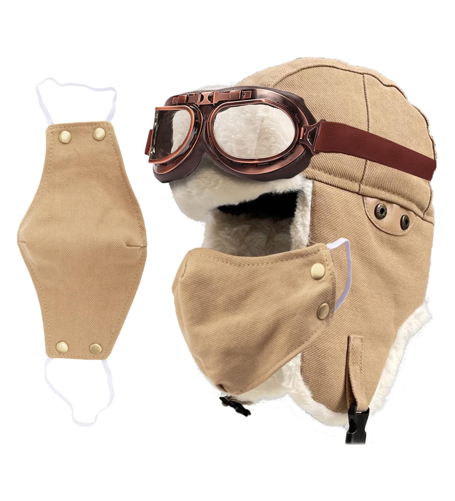 Peicees Trapper Aviator Hat and Goggles Costume Set - Bomber Trooper Ushanka with Fur Ear Flap - Buy Online on SooperMarket.com