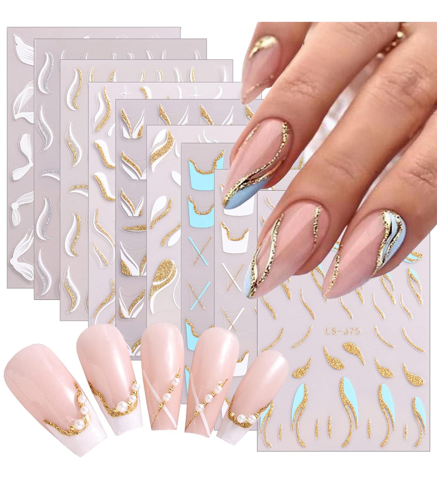 Gold Stripe French Nail Art Stickers - 9 Sheets 3D Self Adhesive Decals for DIY Manicure - Buy Online on SooperMarket.com