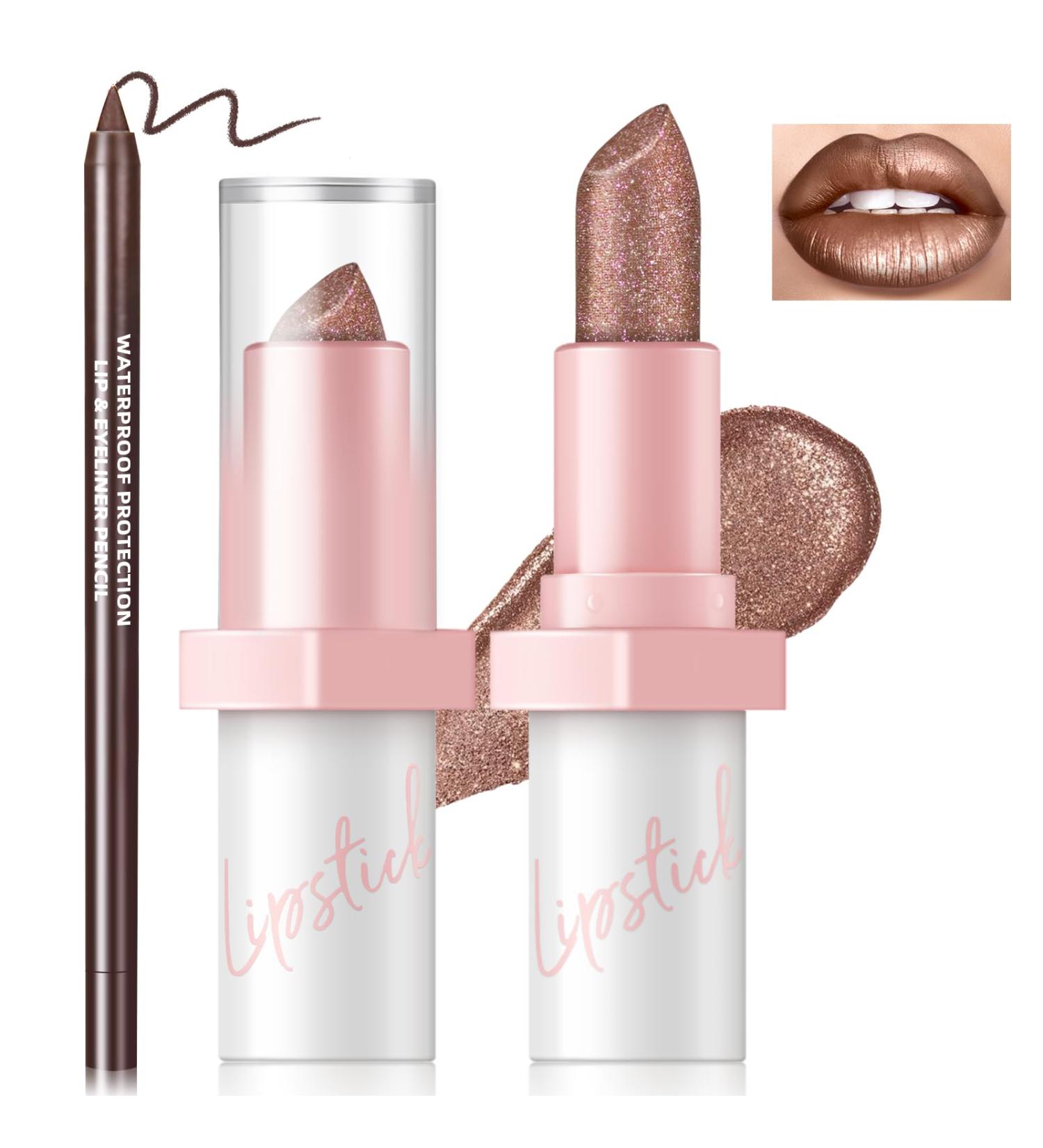 Metallic Dark Brown Lipstick Liner Set - Long Lasting Glitter Diamond Lip Color | Full Coverage Non-Stick Makeup for Women - Buy Online on SooperMarket.com