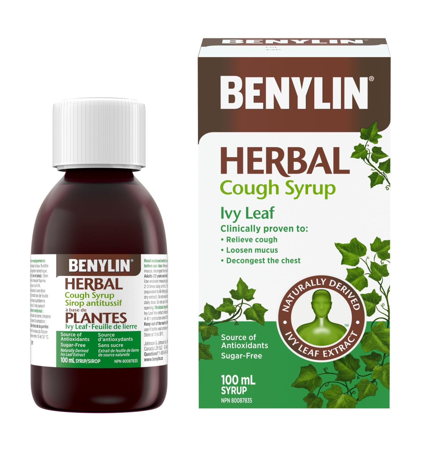BENYLIN HERBAL Cough Syrup Ivy Leaf Herbal Decongestant Cold & Flu Relief Cough Suppressant Sugar Free Antioxidants 100-mL - Buy Online on SooperMarket.com