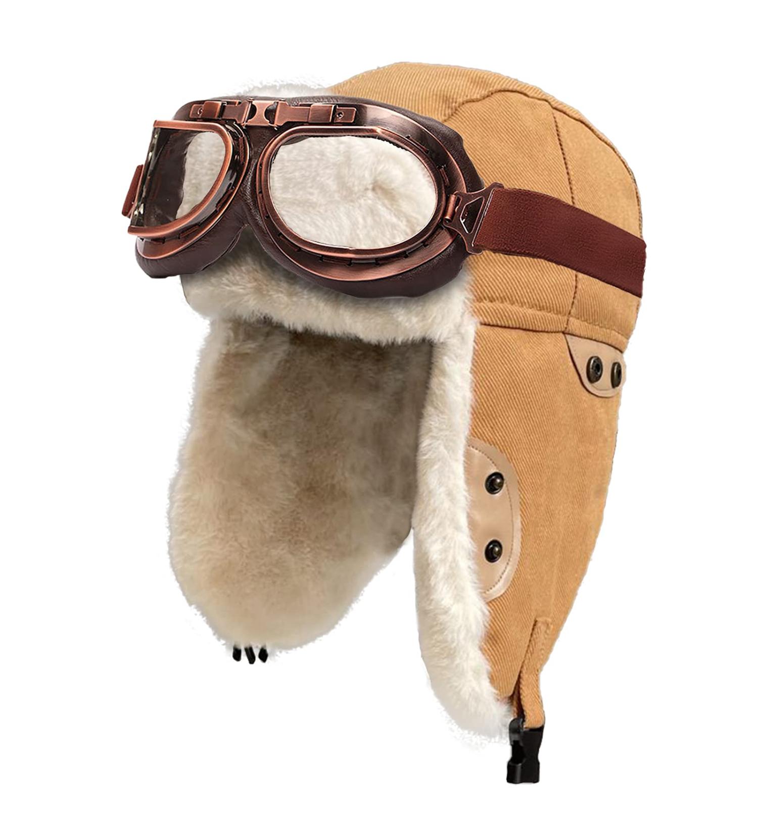Peicees Trapper Aviator Hat and Goggles Set - Camel Hat with Fur Ear Flap and Cooper Frame/Clear Lens - Buy Online on SooperMarket.com