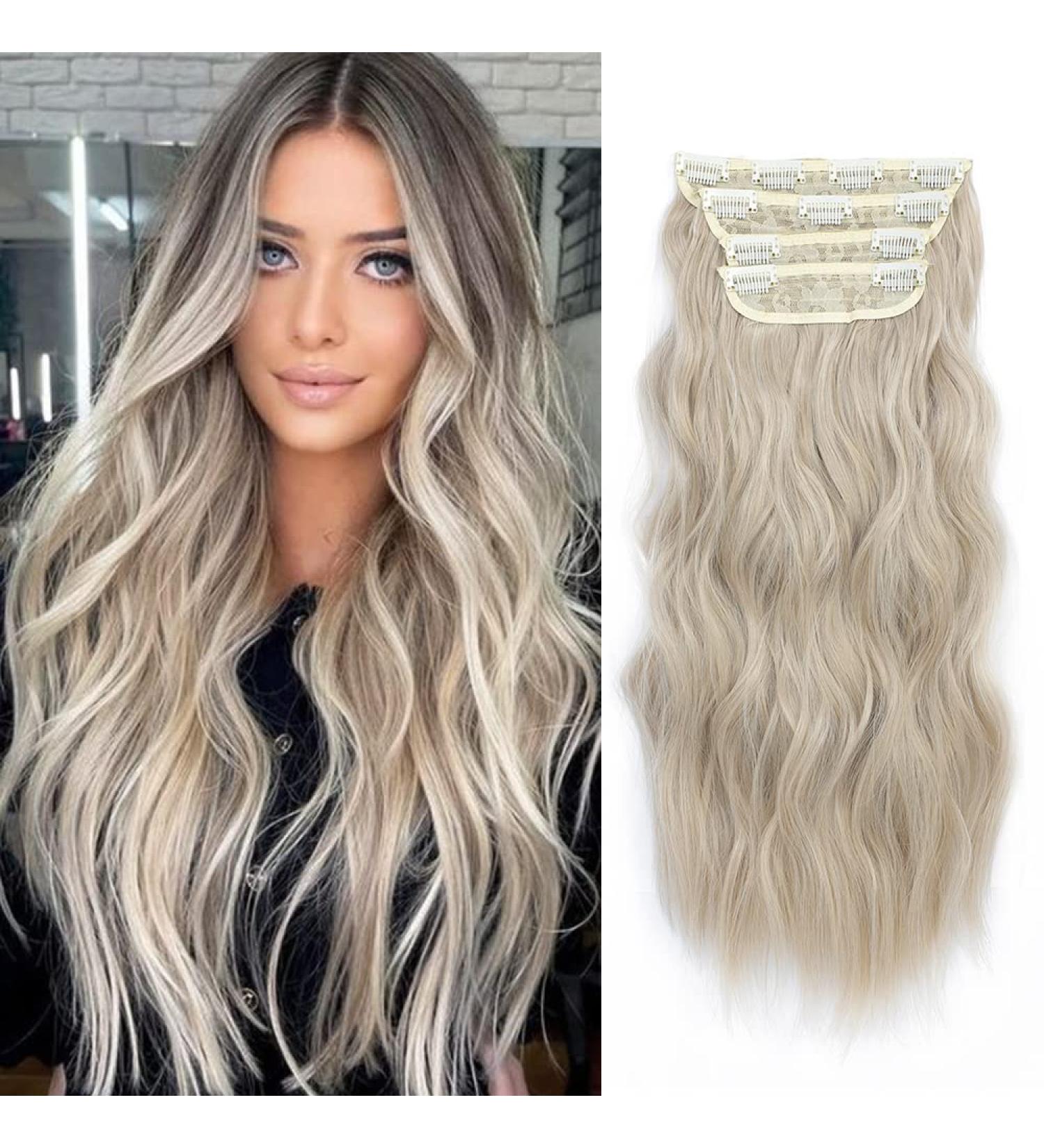 Pearl Blonde Long Wavy Clip in Hair Extensions - 4pcs Synthetic Full Head Hair Pieces for Women - Buy Online on SooperMarket.com