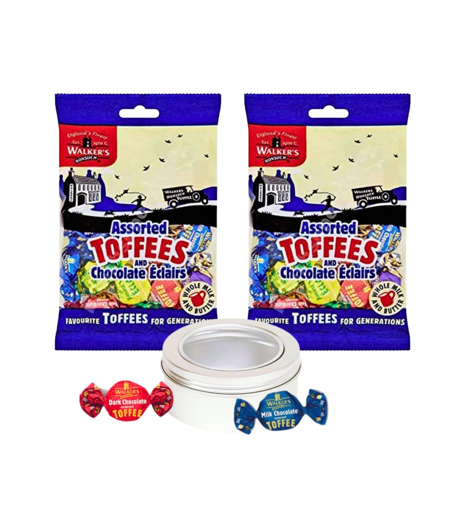 Toffee Sweets Walkers Assorted Selection with Chocolate Eclairs x 2 Bags 300g Bundle with Silver Window Lid Refillable On-the-Go Tin - Buy Online on SooperMarket.com
