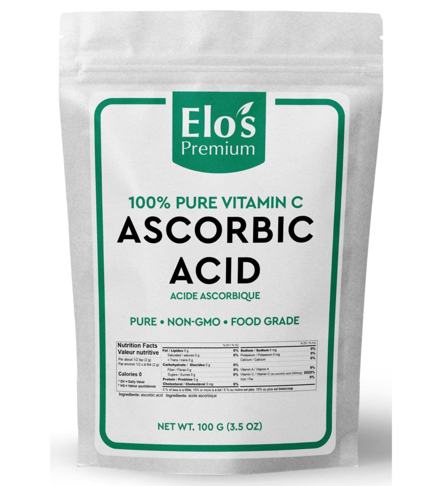Ascorbic Acid (100g) By Elo s Premium | Packaged In Canada| 100% All-Natural Pure Vitamin C| Non-GMO Vegan Gluten Free and Keto | | Food Grade Powder Supports Immune System Skin Repair Metabolism & More - Buy Online on SooperMarket.com