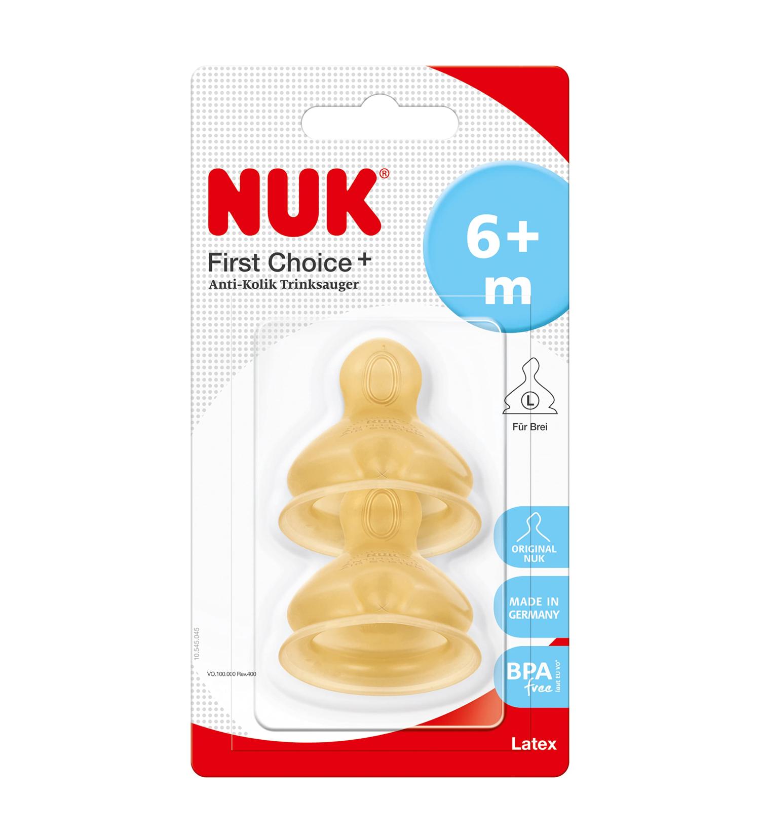 NUK First Choice+ Latex Baby Bottle Teat 6-18 Months - Large Feed Hole Anti-Colic, 2-Pack Yellow - Buy Online on SooperMarket.com