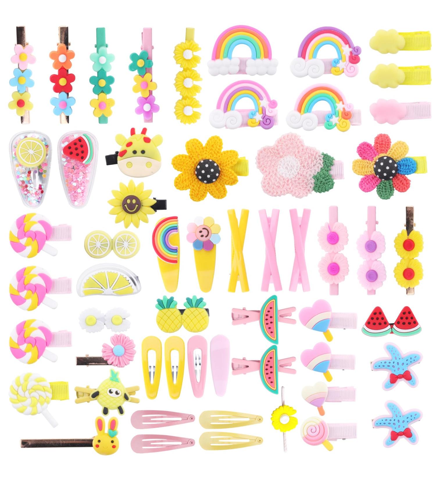 Colorful 56-Piece Hair Clips Set for Girls - Rainbow Sweets & Flower Designs | Perfect Hair Jewelry for Toddlers & Teens - Buy Online on SooperMarket.com