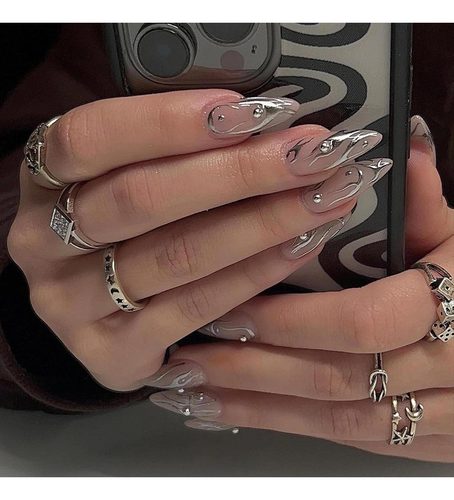 MISUD Press on Nails - Medium Almond Glossy Chrome Swirl Acrylic Stiletto - 24 pcs 3D Pearl Flash False Nails for Stunning Nail Art - Buy Online on SooperMarket.com