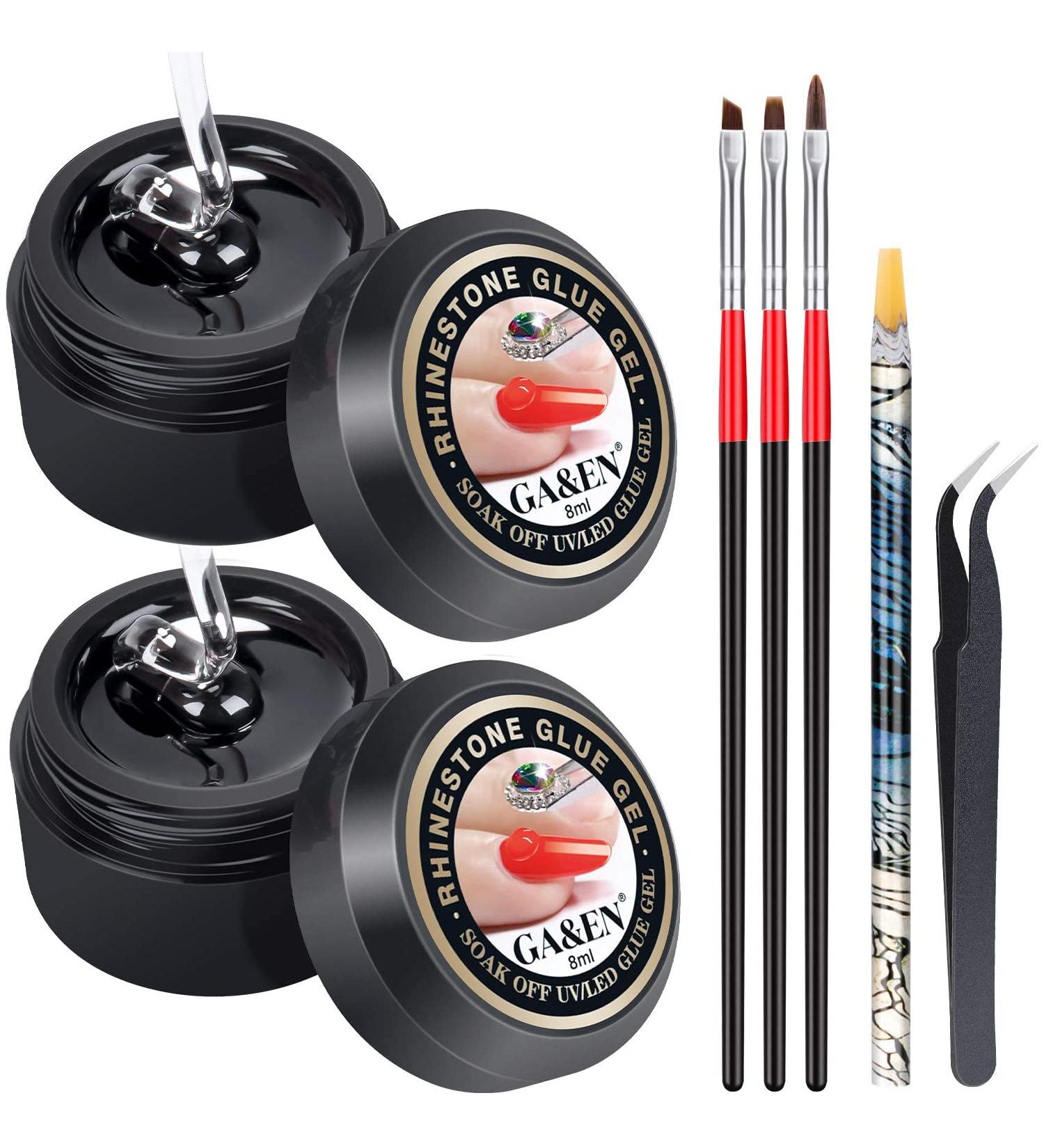 Nail Art 8ml Rhinestone Glue Gel Adhesive Set for Gem Stones - LED Lamp Cure Needed | Includes LED Glue Brush Tools, Pickup Pencil, and Tweezer | UV Rhinestones Glue Kit - Buy Online on SooperMarket.com