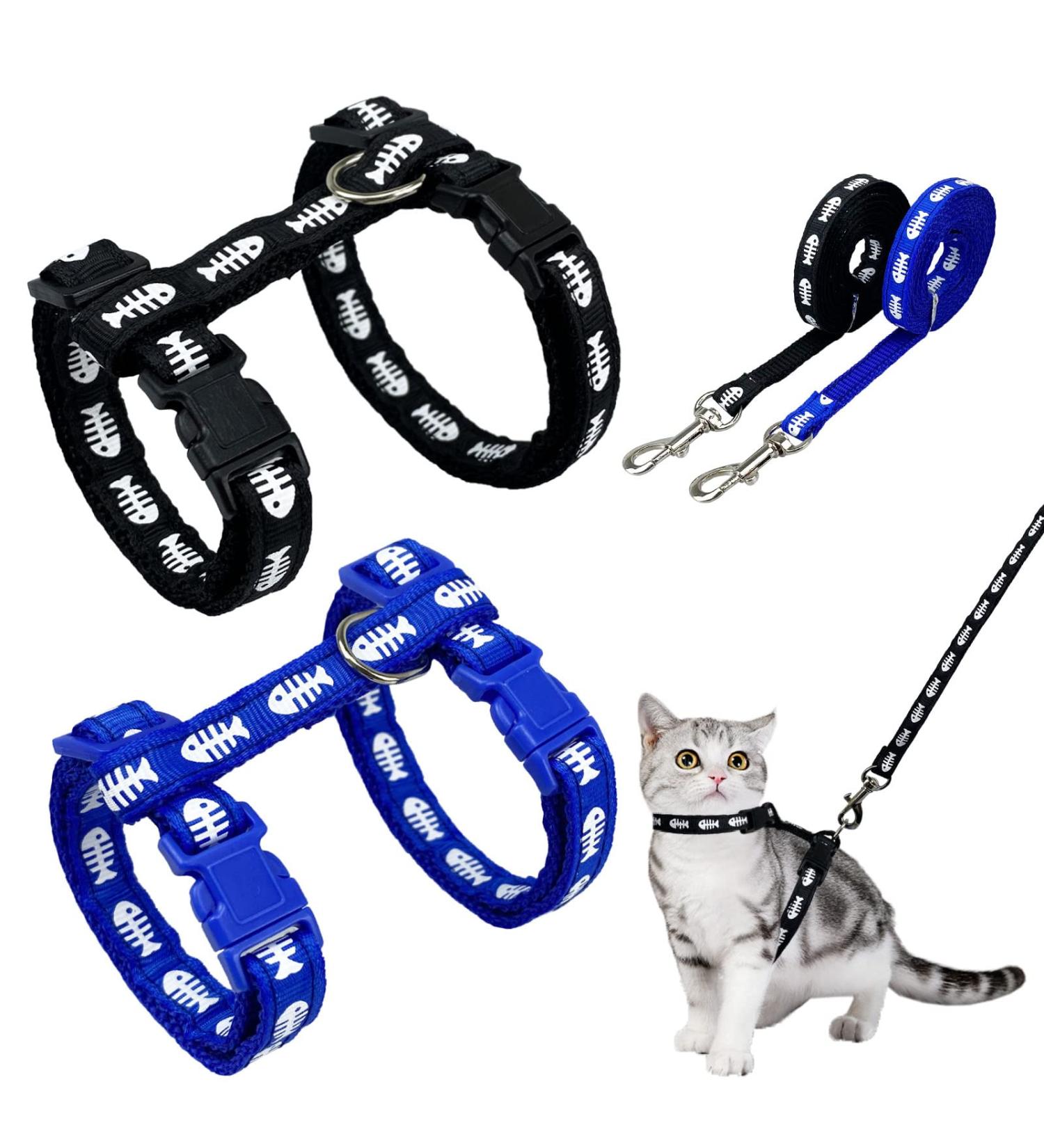 Adjustable Nylon Cat Leash (2 Pieces) - Soft Leash for Kittens Puppies & Rabbits | Marienk fer Print | Black & Blue - Buy Online on SooperMarket.com
